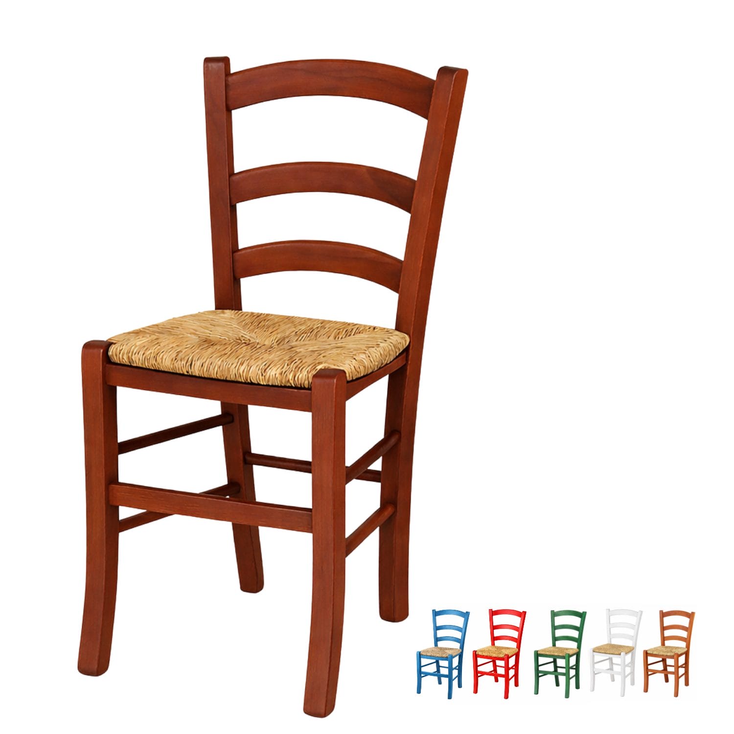 sedia in legno di faggio noce scuro con seduta in paglia intrecciata stile rustico posizionata in giardino