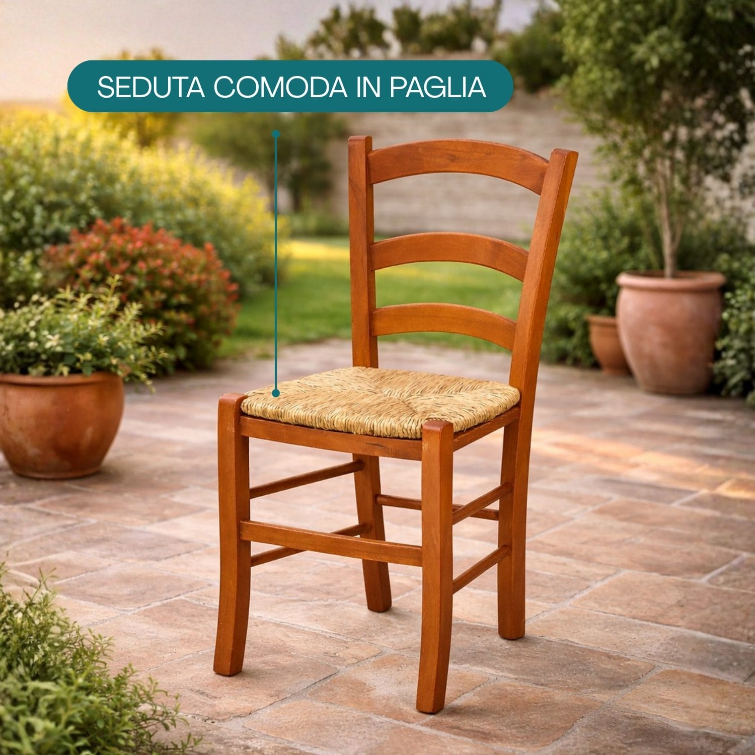 Sedia in legno con seduta in paglia comoda per giardino e interno casa