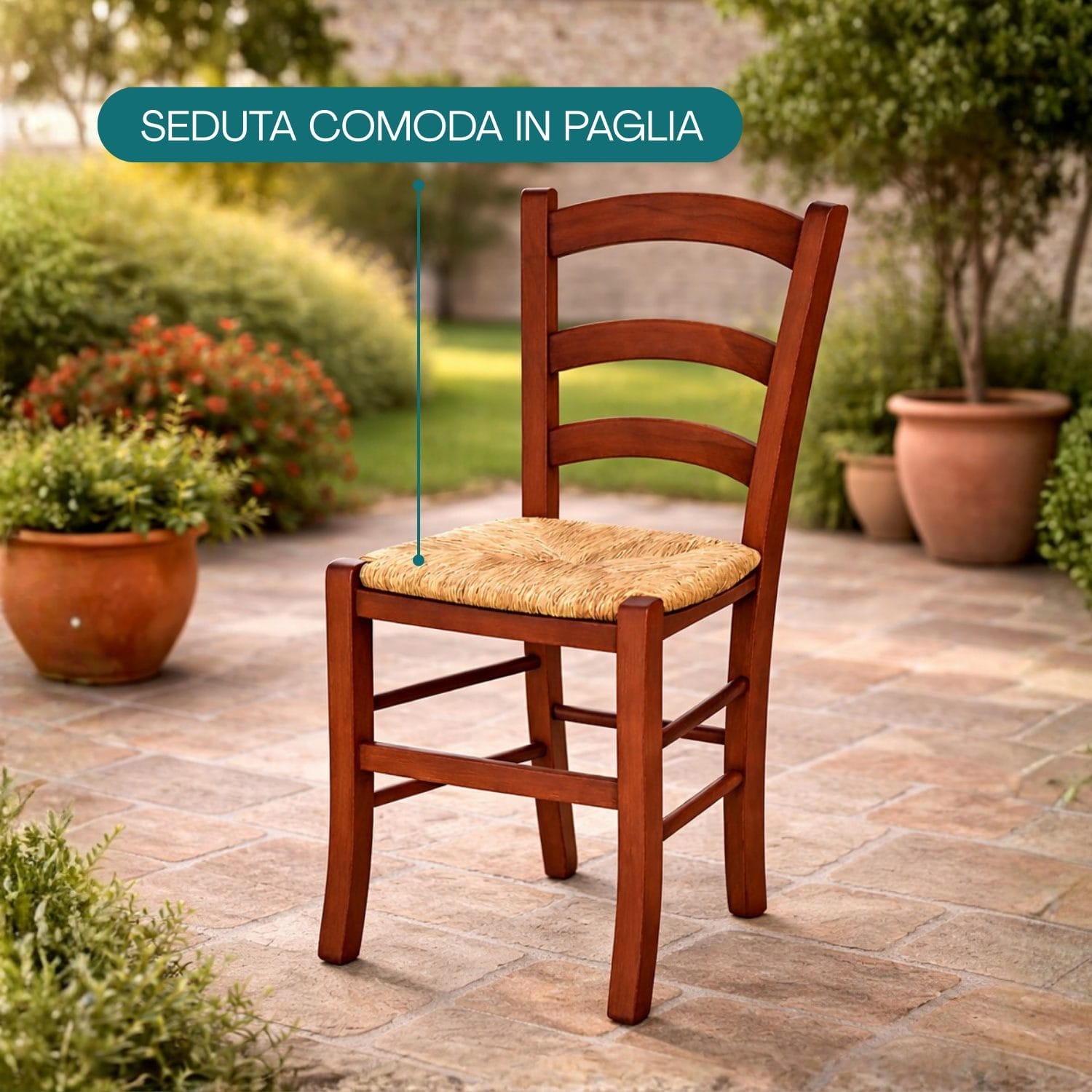 Sedia in legno con seduta in paglia comoda per giardino e interno casa