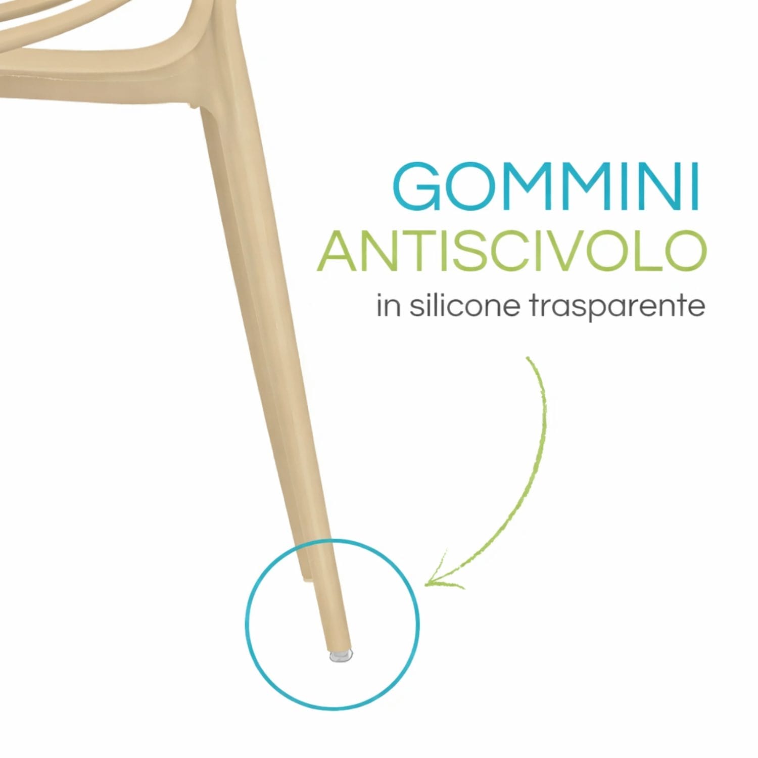 Gommini antiscivolo in silicone trasparente su sedia Twist tortora per maggiore stabilità