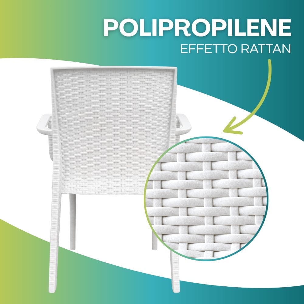 Dettaglio sedia in polipropilene effetto rattan intrecciato bianco resistente per esterni