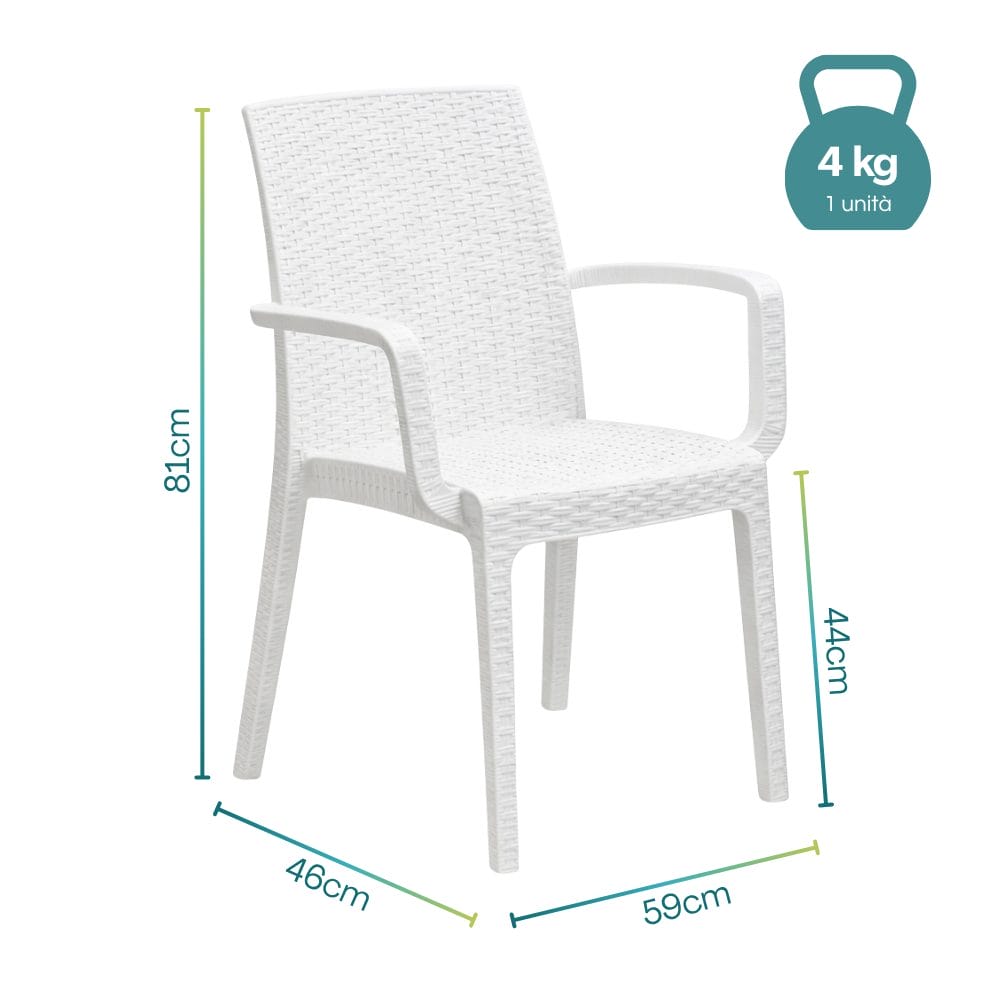 Sedia da giardino effetto rattan bianca con braccioli dimensioni 59x57x86 cm in polipropilene