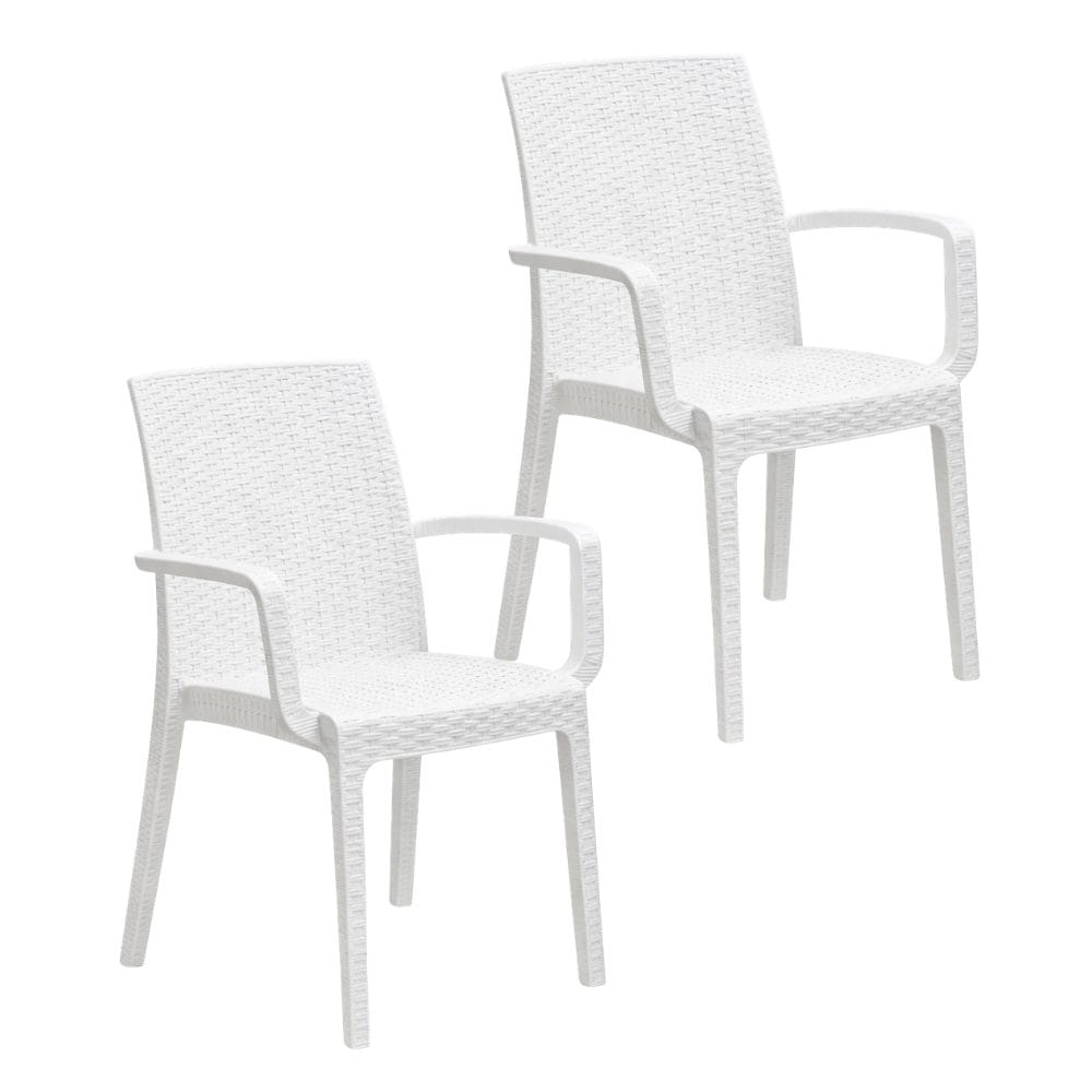 Set 2 sedie da esterno effetto rattan bianco in polipropilene con braccioli impilabili