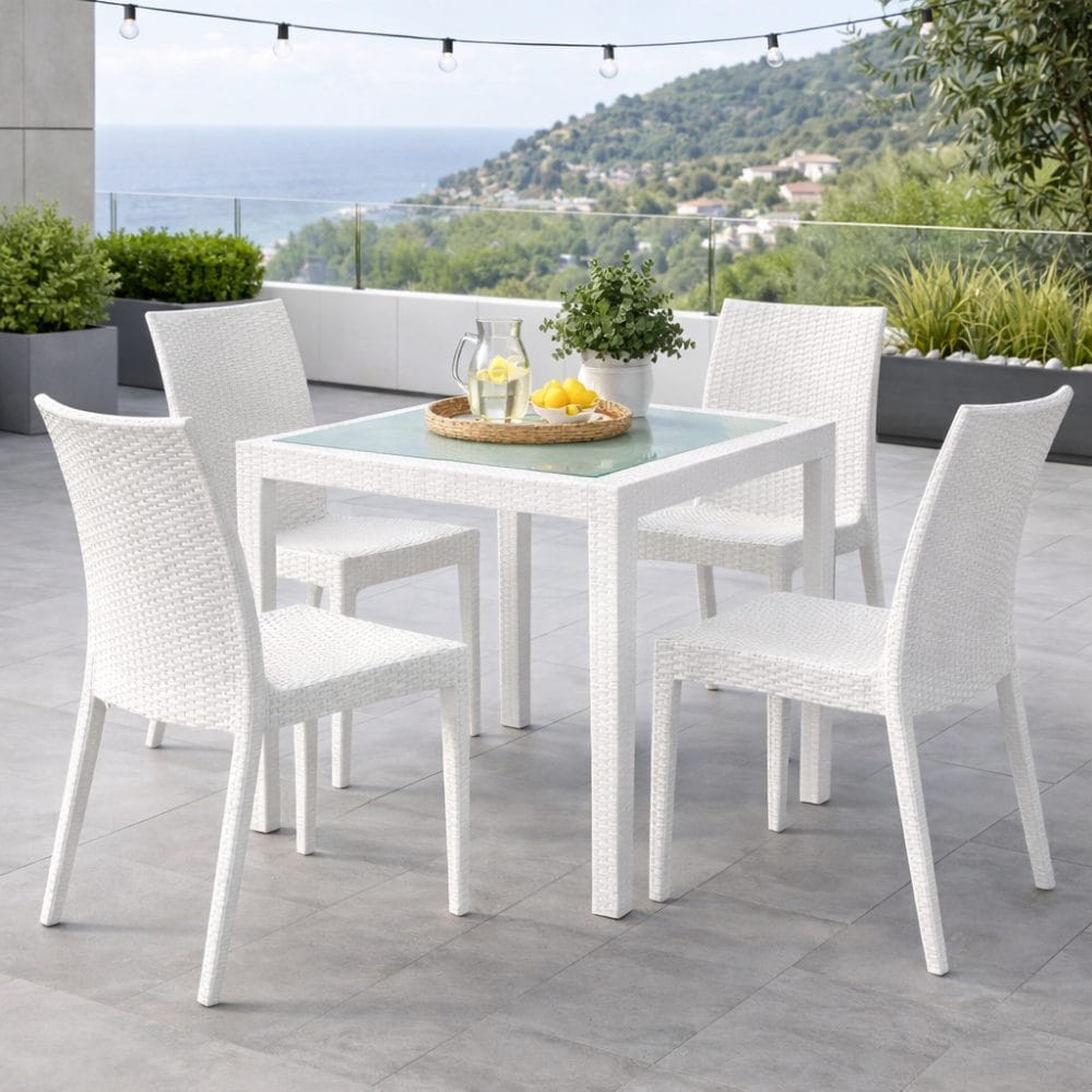 Sedie da giardino effetto rattan bianche senza braccioli con tavolo da esterno