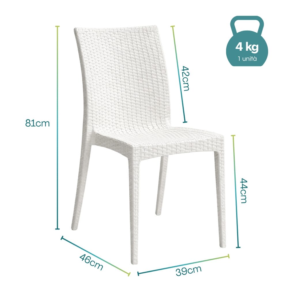 Sedia giardino effetto rattan bianca senza braccioli dimensioni 39x46x81 cm