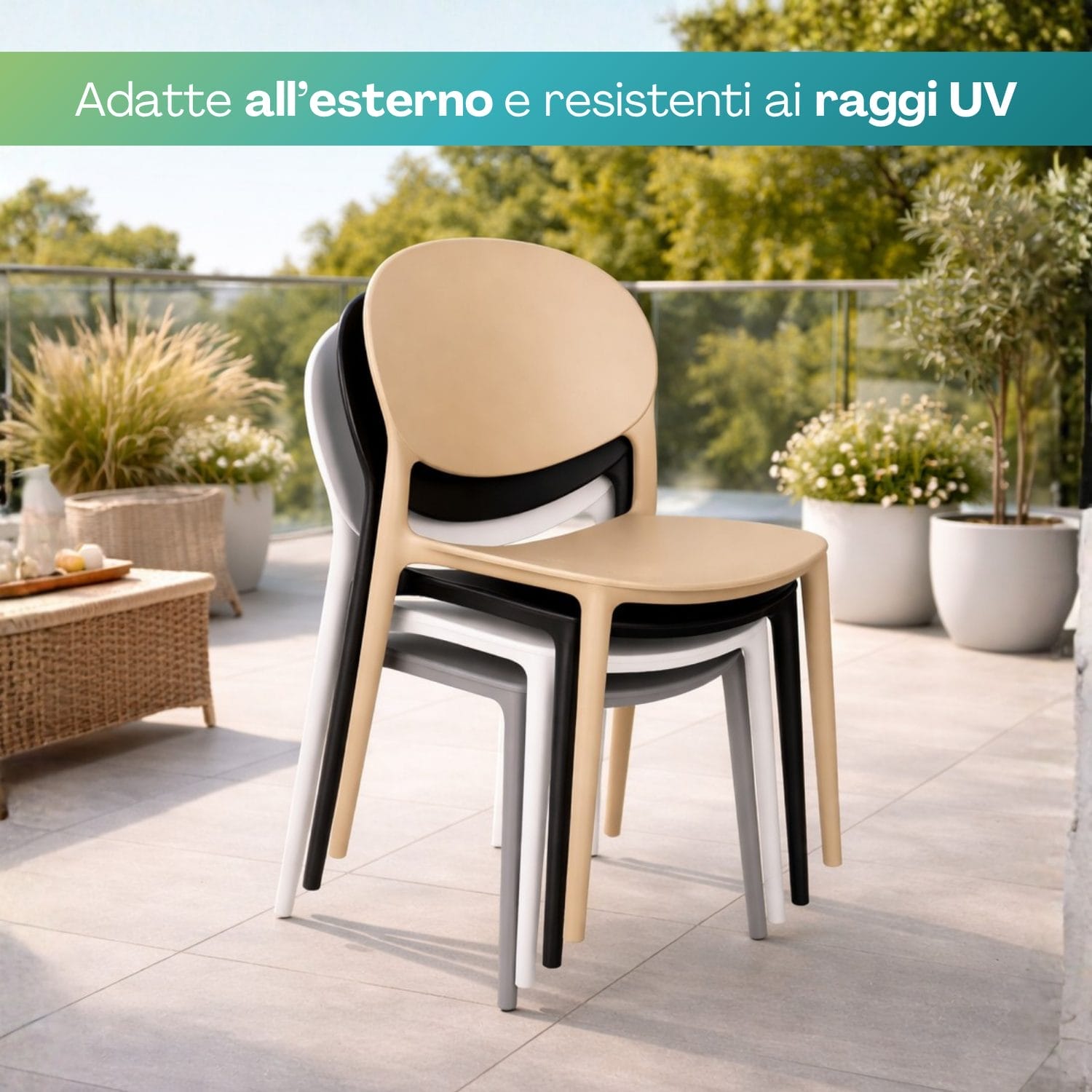 Sedia in plastica in 4 colorazioni con schienale ovale design moderno per casa e giardino