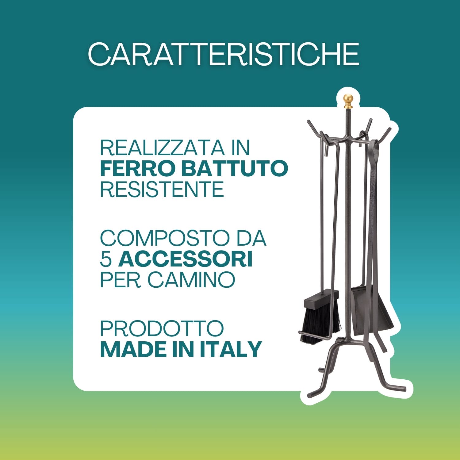 Set attrezzi da camino in ferro battuto con 5 accessori e supporto Made in Italy