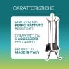 set attrezzi camino caratteristiche Set attrezzi da camino in ferro battuto con 5 accessori e supporto Made in Italy