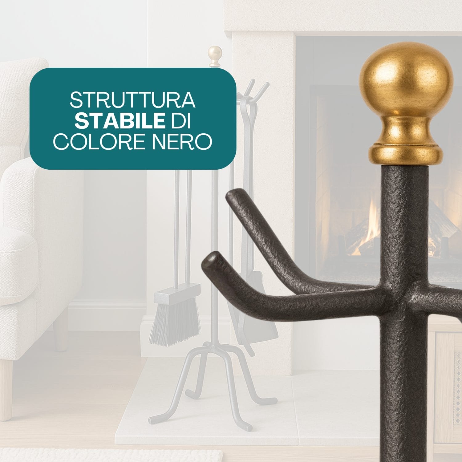 set attrezzi camino materiale Struttura stabile in ferro battuto nero con pomolo dorato decorativo