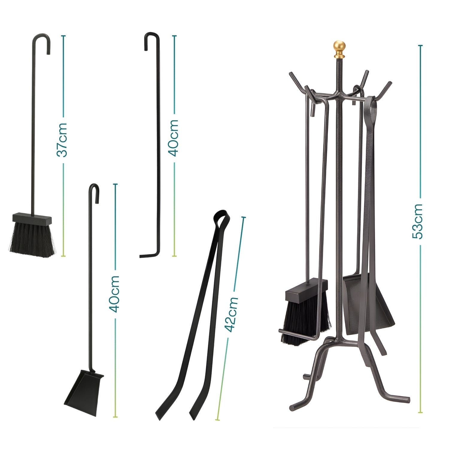 Set attrezzi camino con scopa, paletta, pinza e attizzatoio con misure da 37 a 53 cm