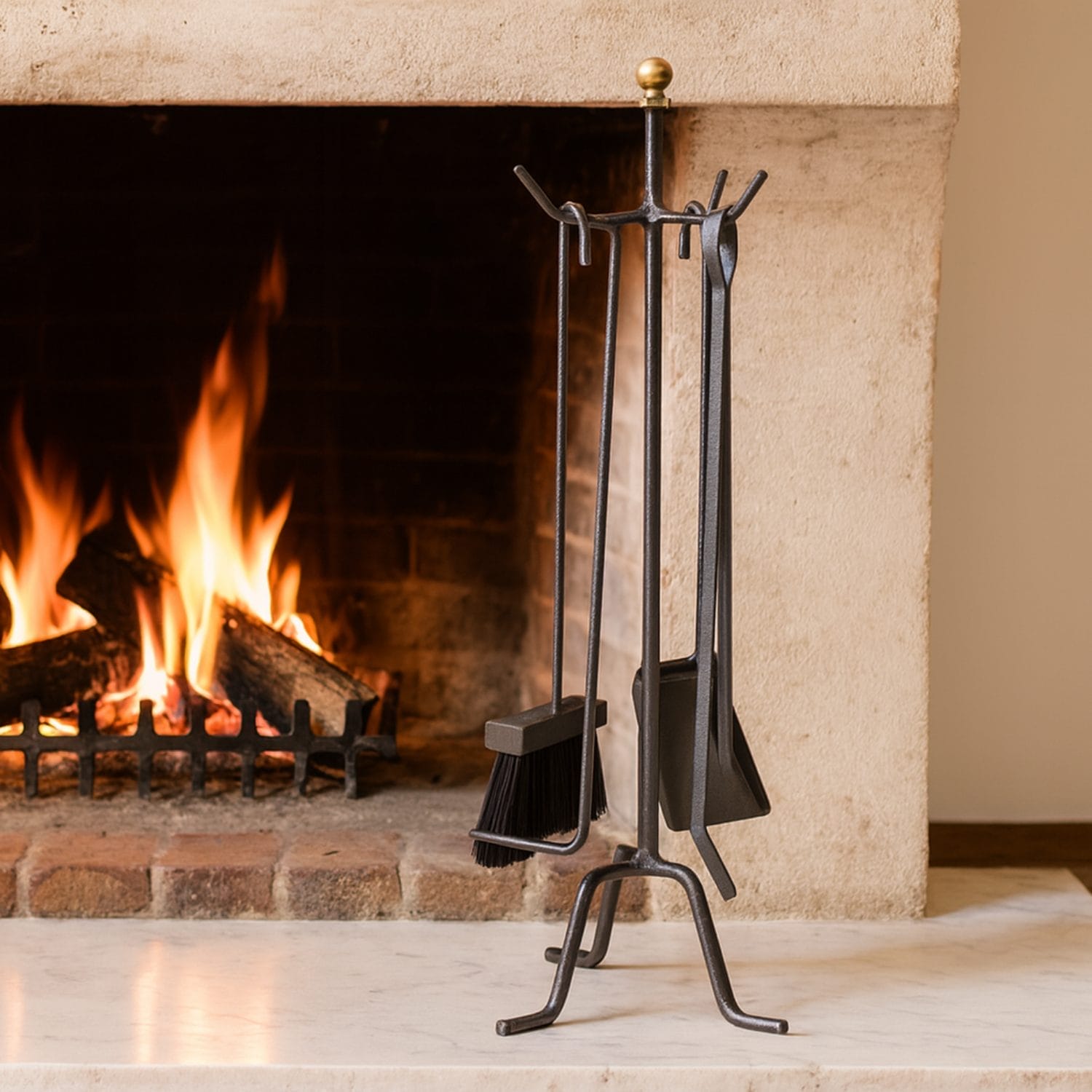 Set attrezzi da camino in ferro battuto posizionato vicino a camino acceso