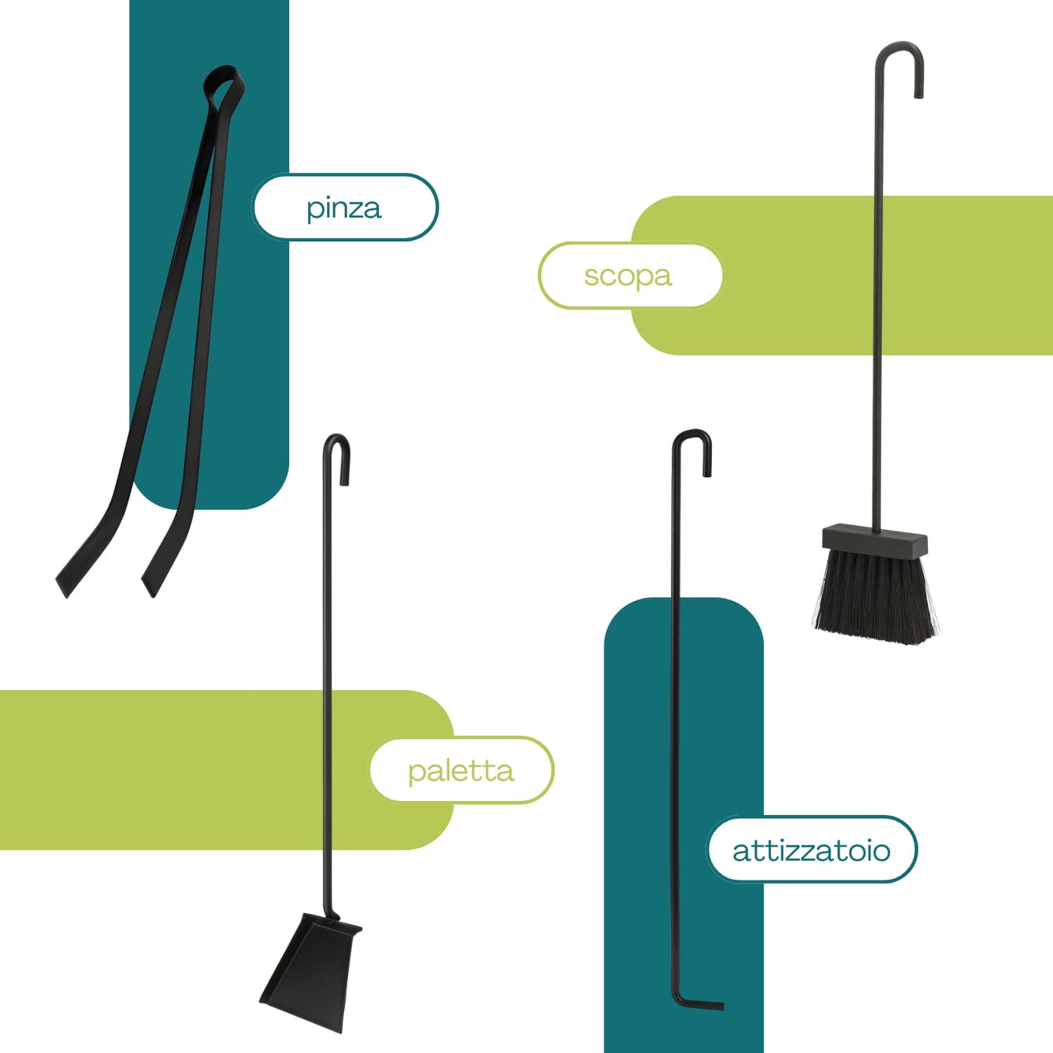 set attrezzi camino pezzi Accessori camino: pinza, scopa, paletta e attizzatoio in ferro battuto