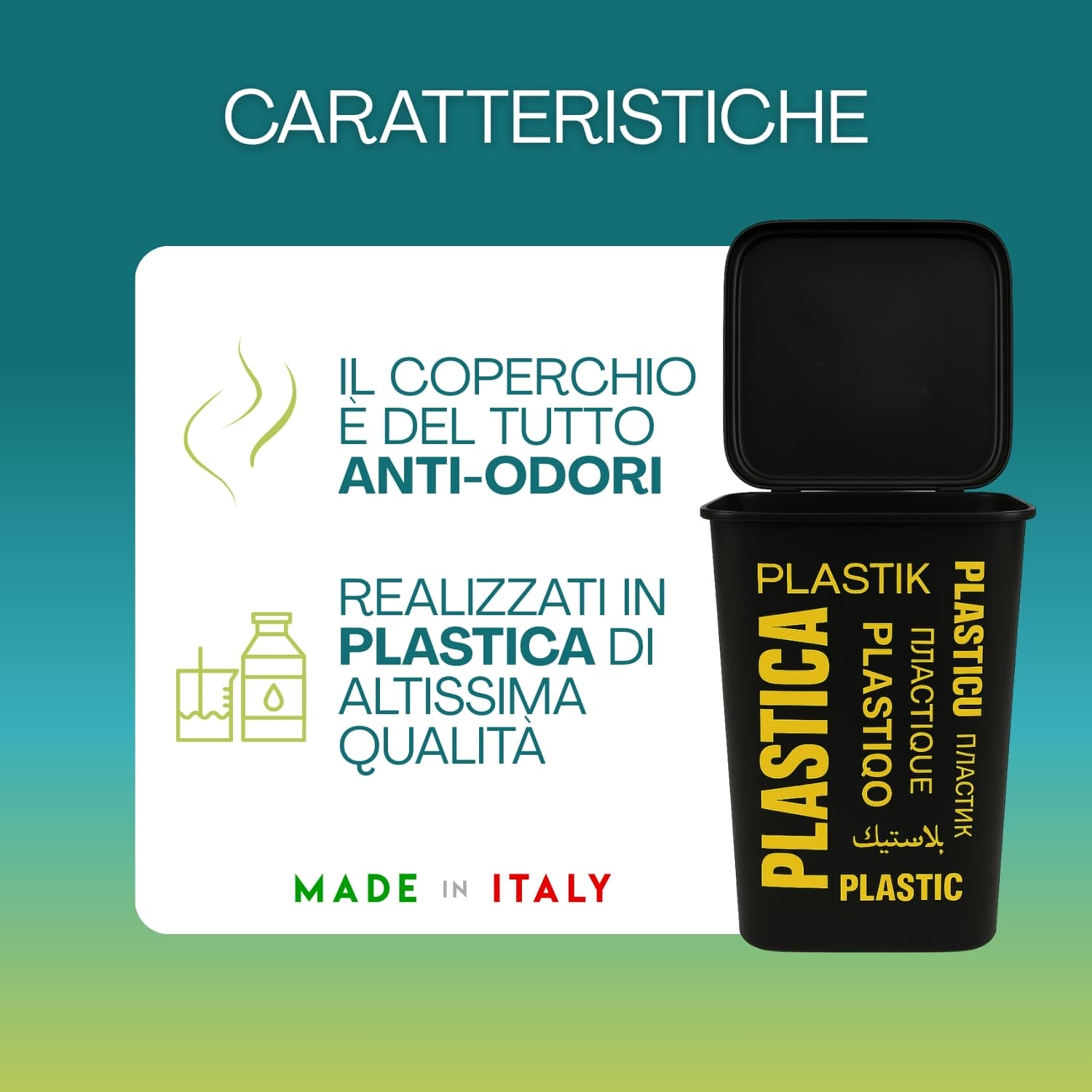 Bidone raccolta differenziata plastica 50L con coperchio anti-odori Made in Italy