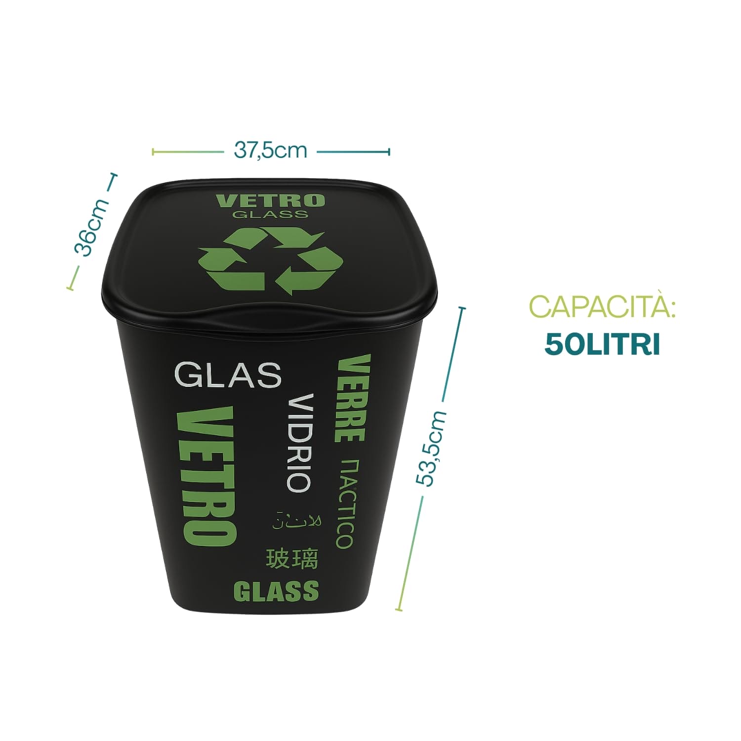 Bidone differenziata vetro 50L con coperchio, misure 53,5x37,5x36 cm Made in Italy