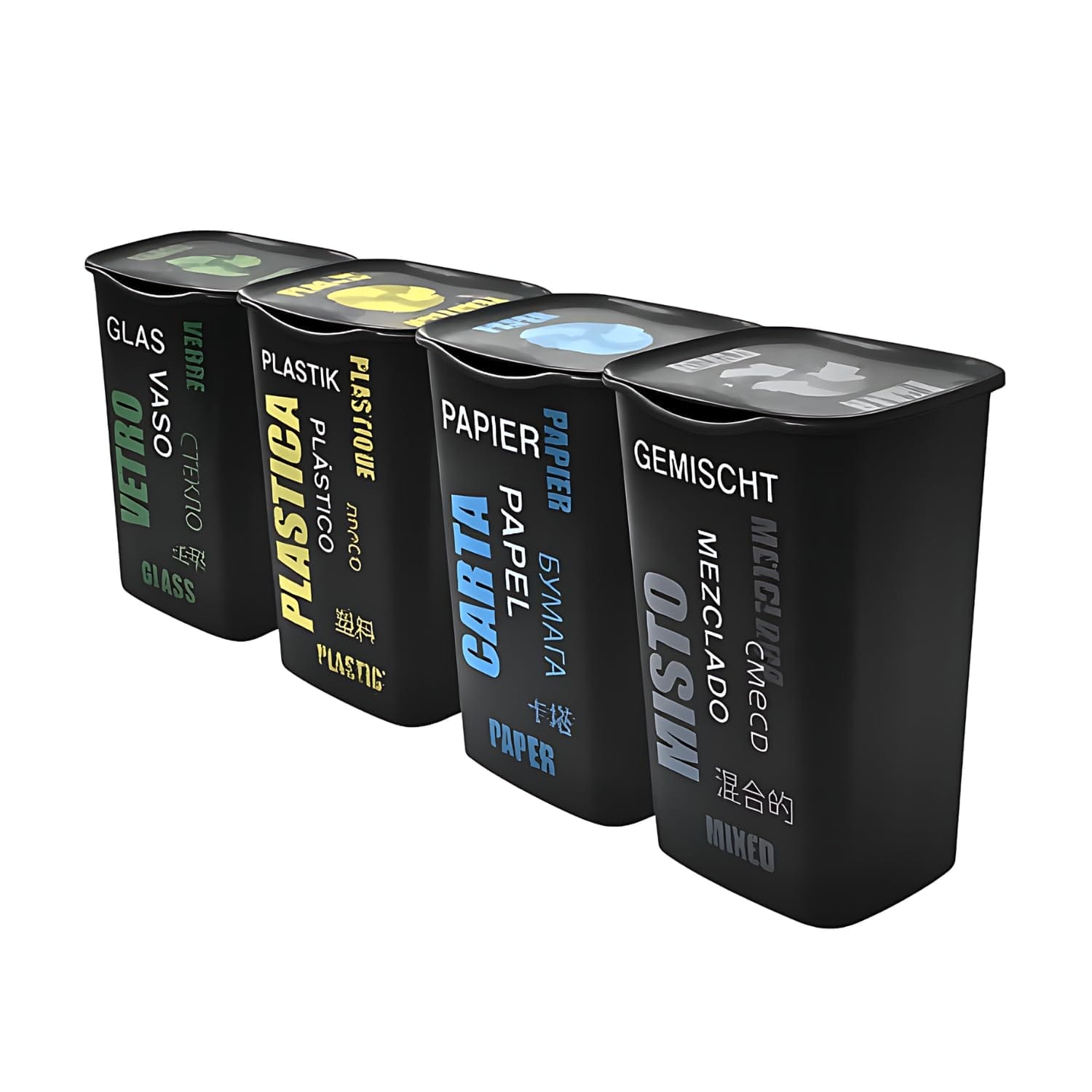 Set bidoni raccolta differenziata 50L plastica vetro carta misto con coperchio