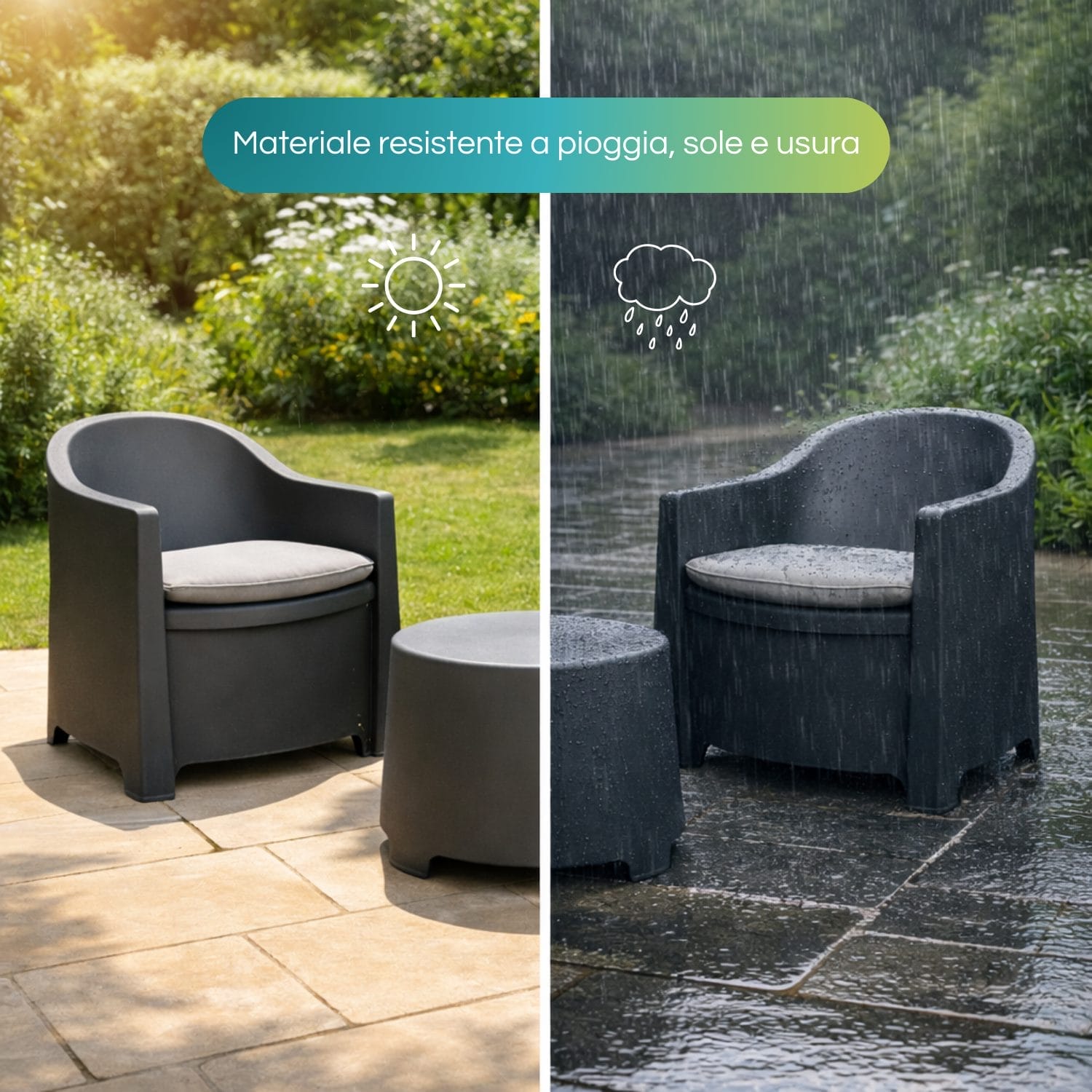 Dettaglio cuscino seduta incluso nel salottino da esterno Luna