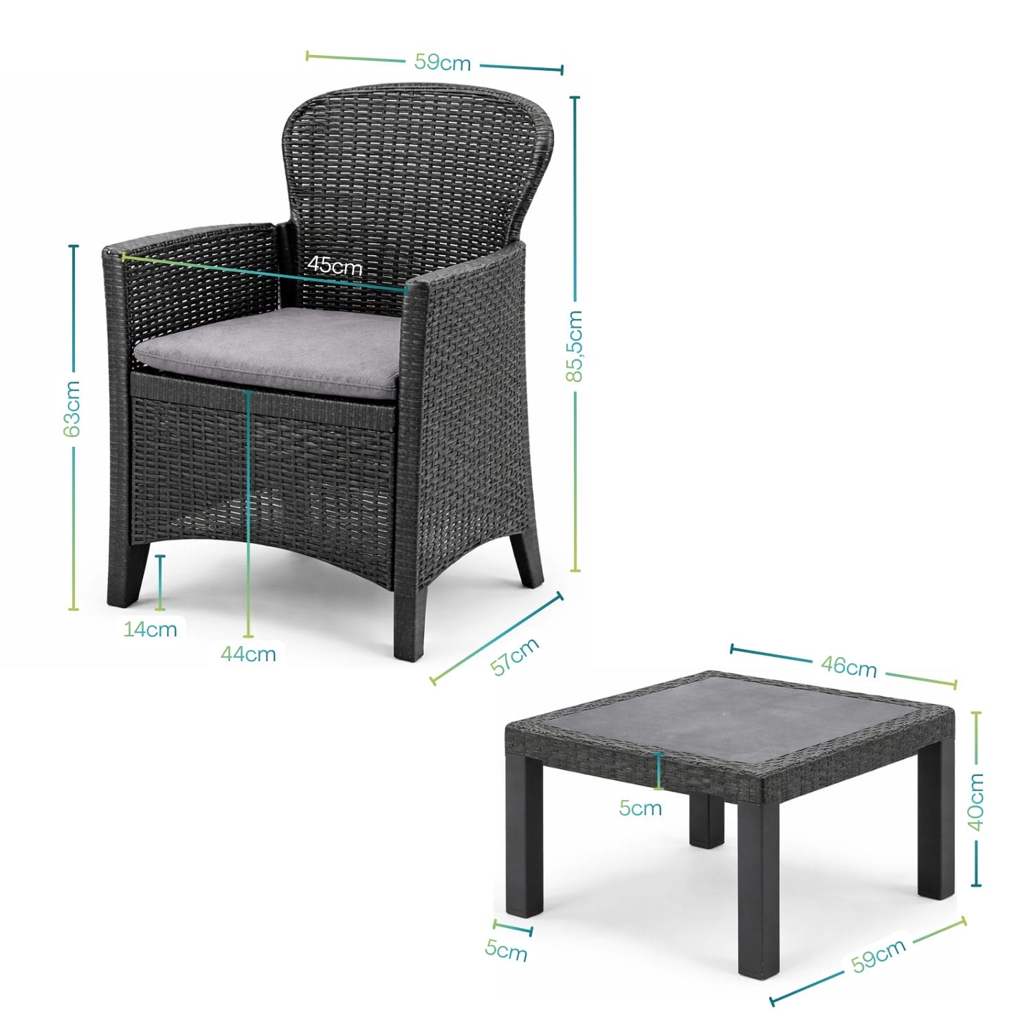 Misure del set salottino effetto rattan con tavolino e sedute