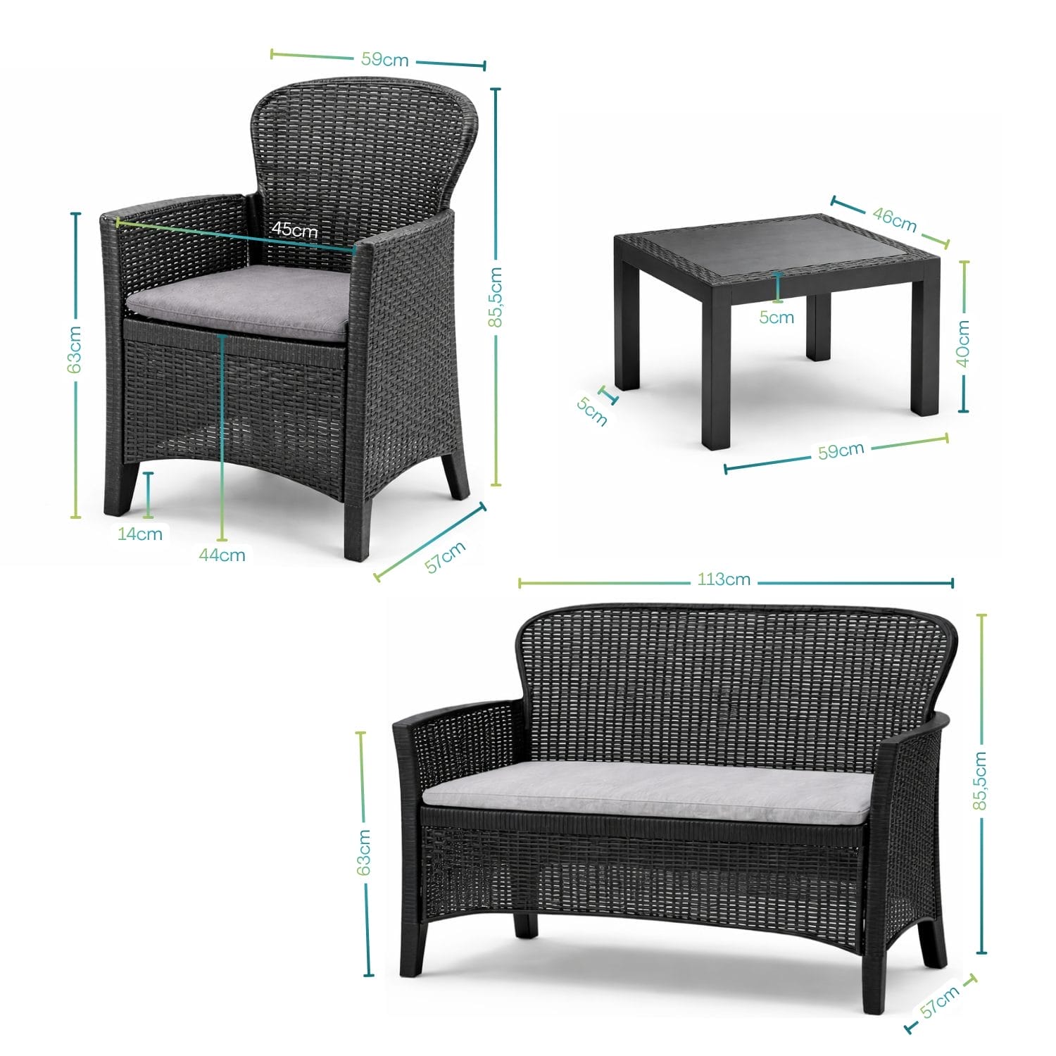 Misure del set salottino effetto rattan con tavolino e sedute