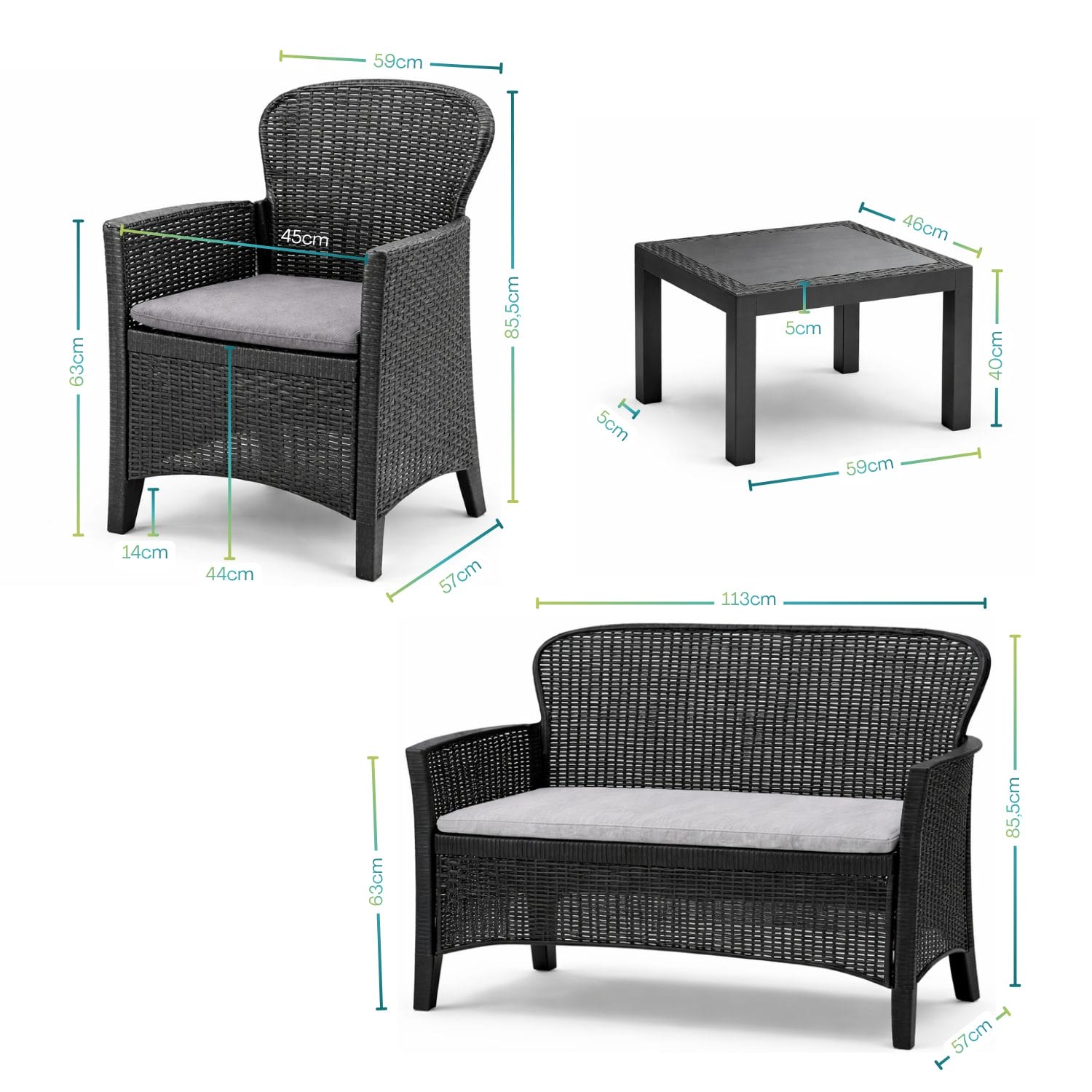 set salottino per 4 misure Misure del set salottino effetto rattan con tavolino e sedute