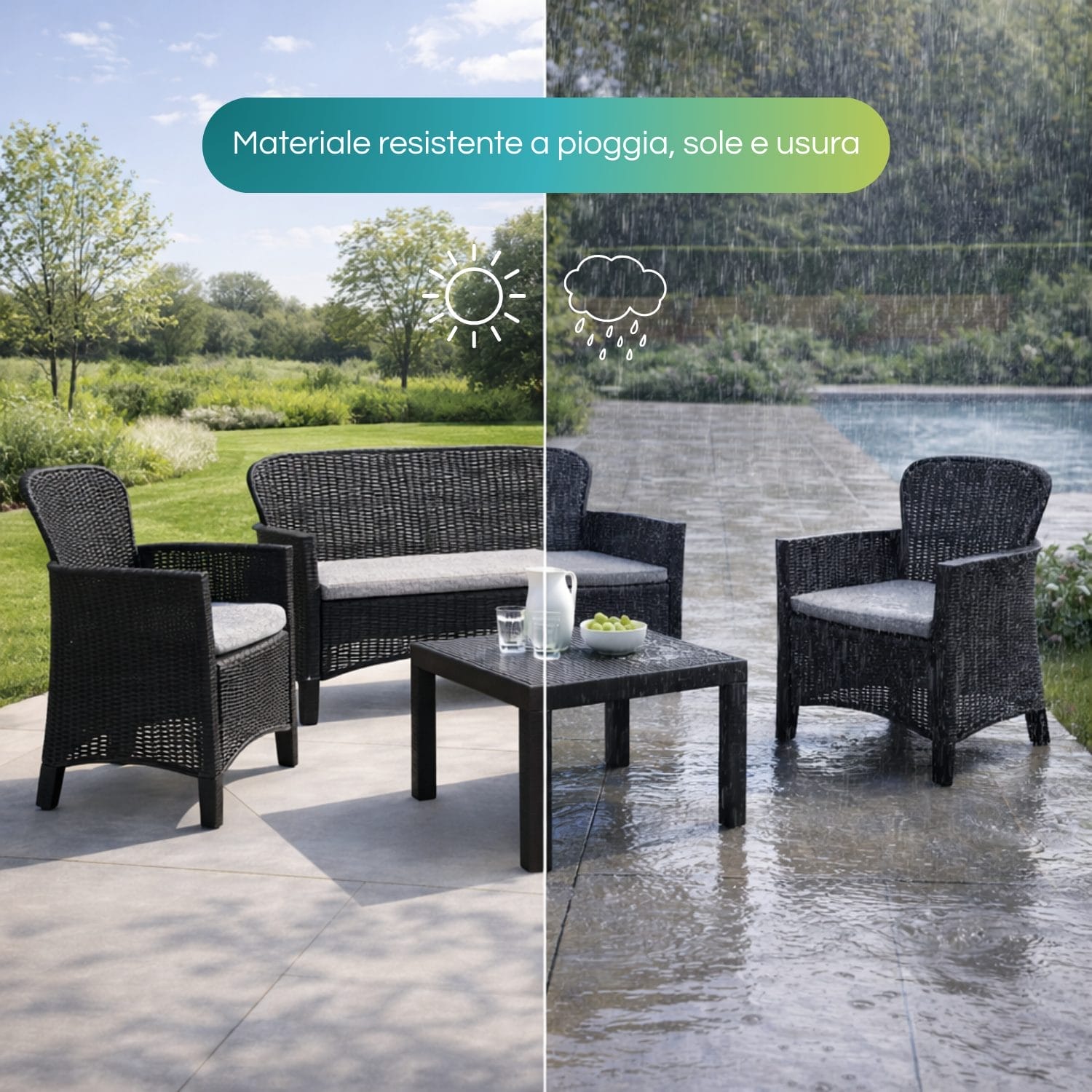 Salottino da esterno resistente a sole, pioggia e usura