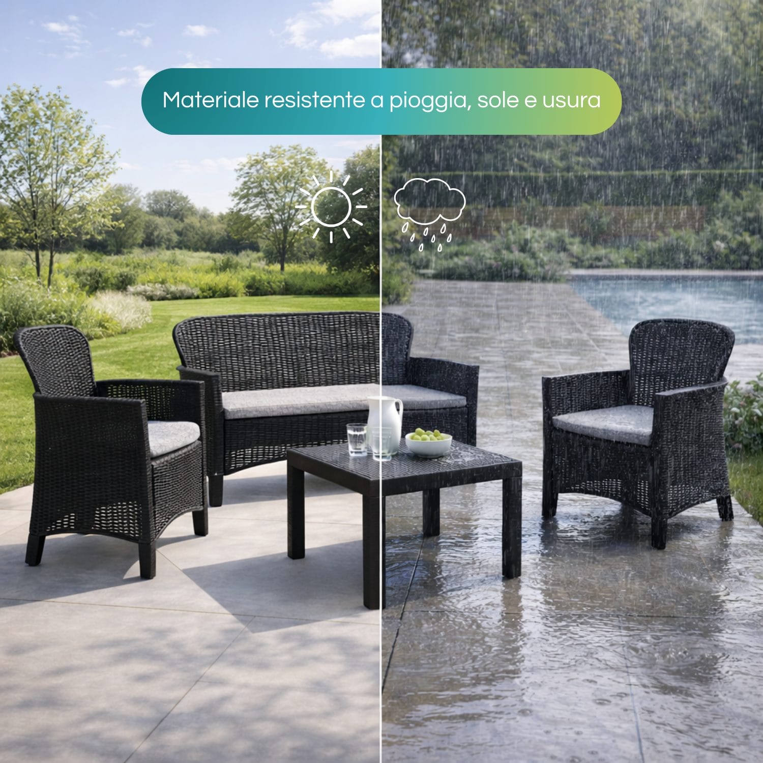 set salottino per 4 sole pioggia Salottino da esterno resistente a sole, pioggia e usura