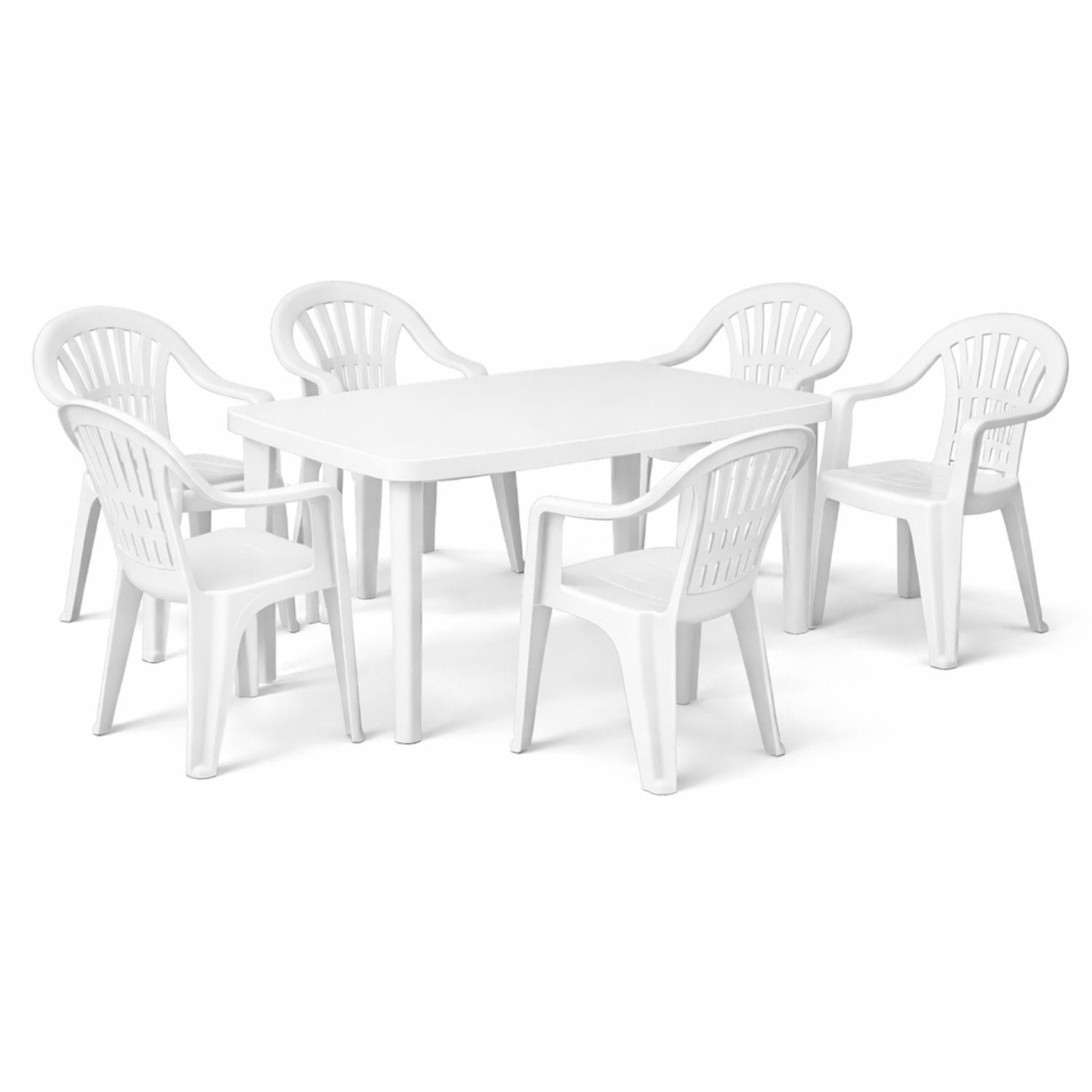 set tavolo e sedie principale Set tavolo con 6 sedie da esterno in plastica bianca