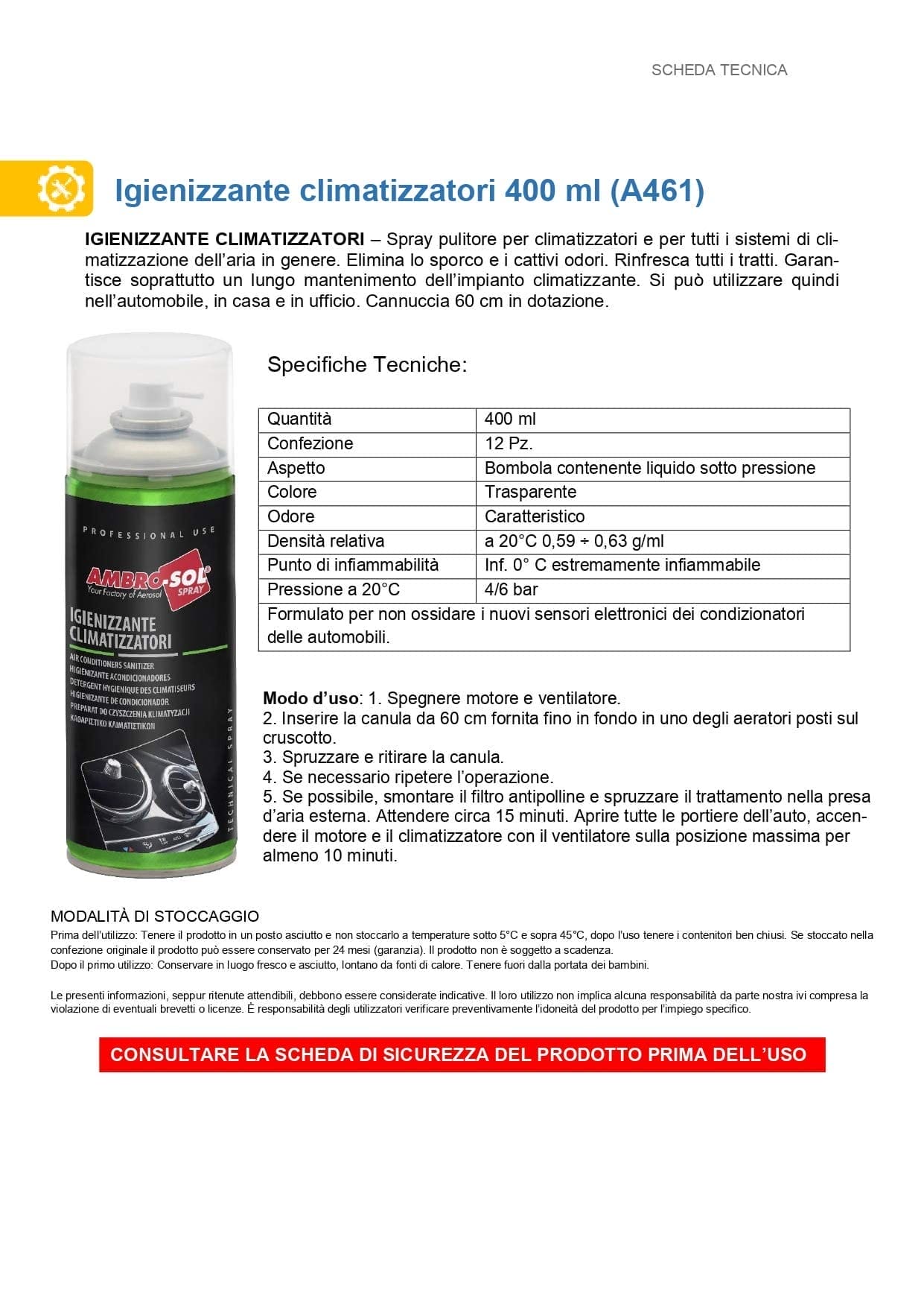 Scheda tecnica spray igienizzante climatizzatori 400 ml Ambro-Sol