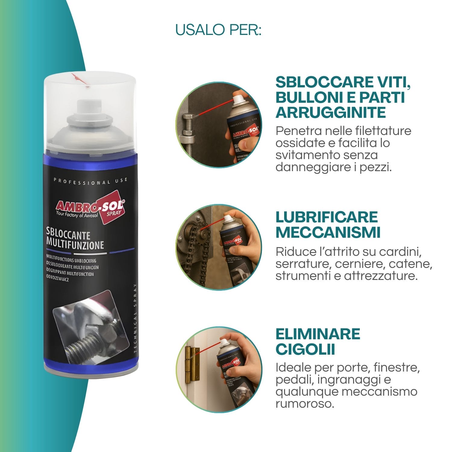 Spray sbloccante Ambro-Sol per viti arrugginite, meccanismi e cigolii