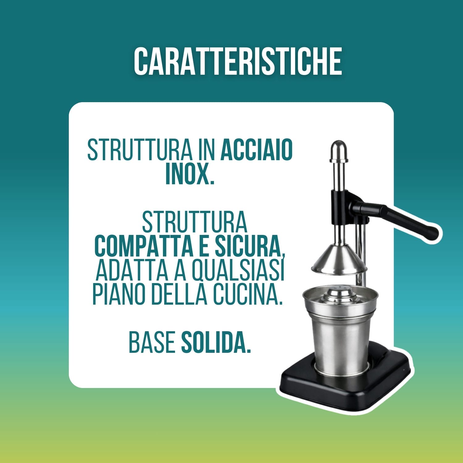 Spremiagrumi manuale nero in acciaio inox con struttura compatta, sicura e base solida