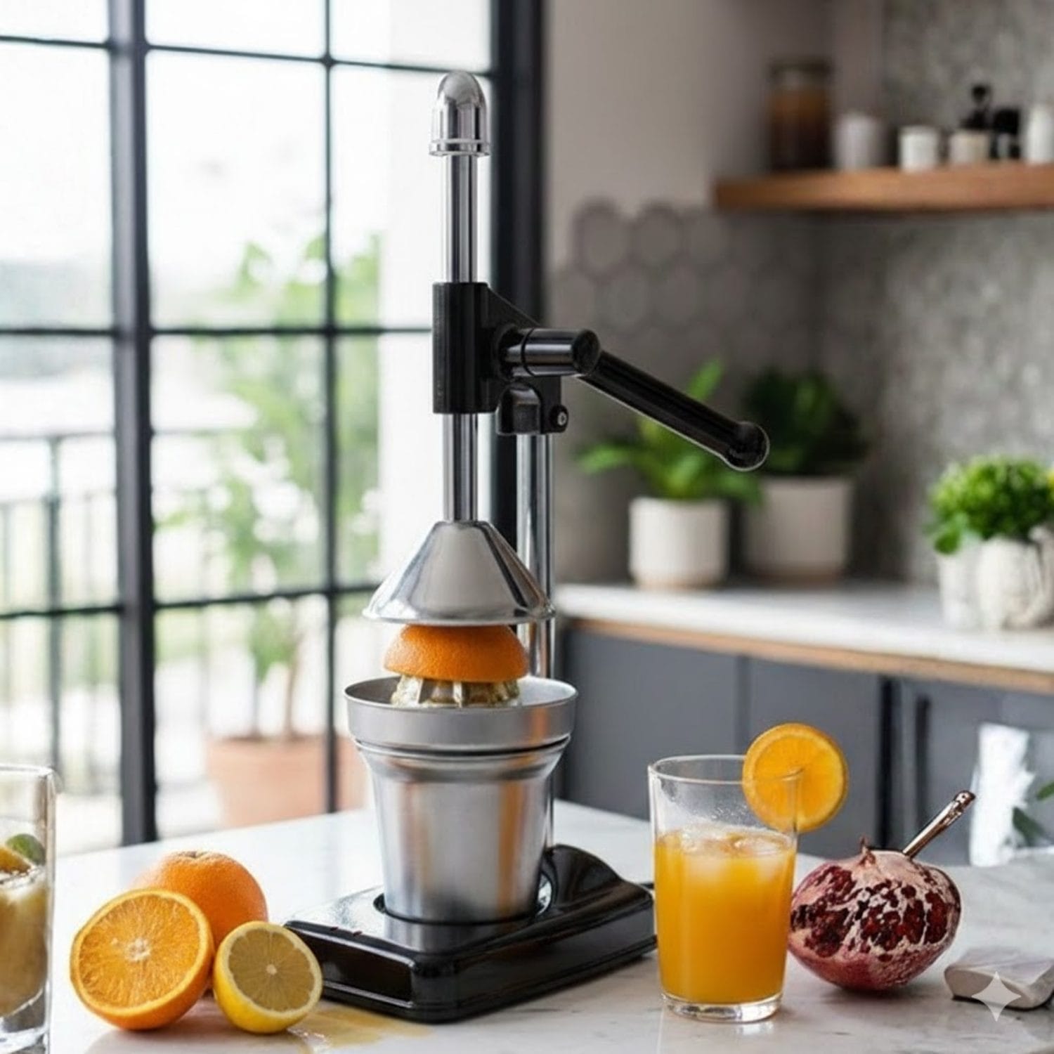 Spremiagrumi manuale nero in acciaio inox in funzione su piano cucina con arance spremute