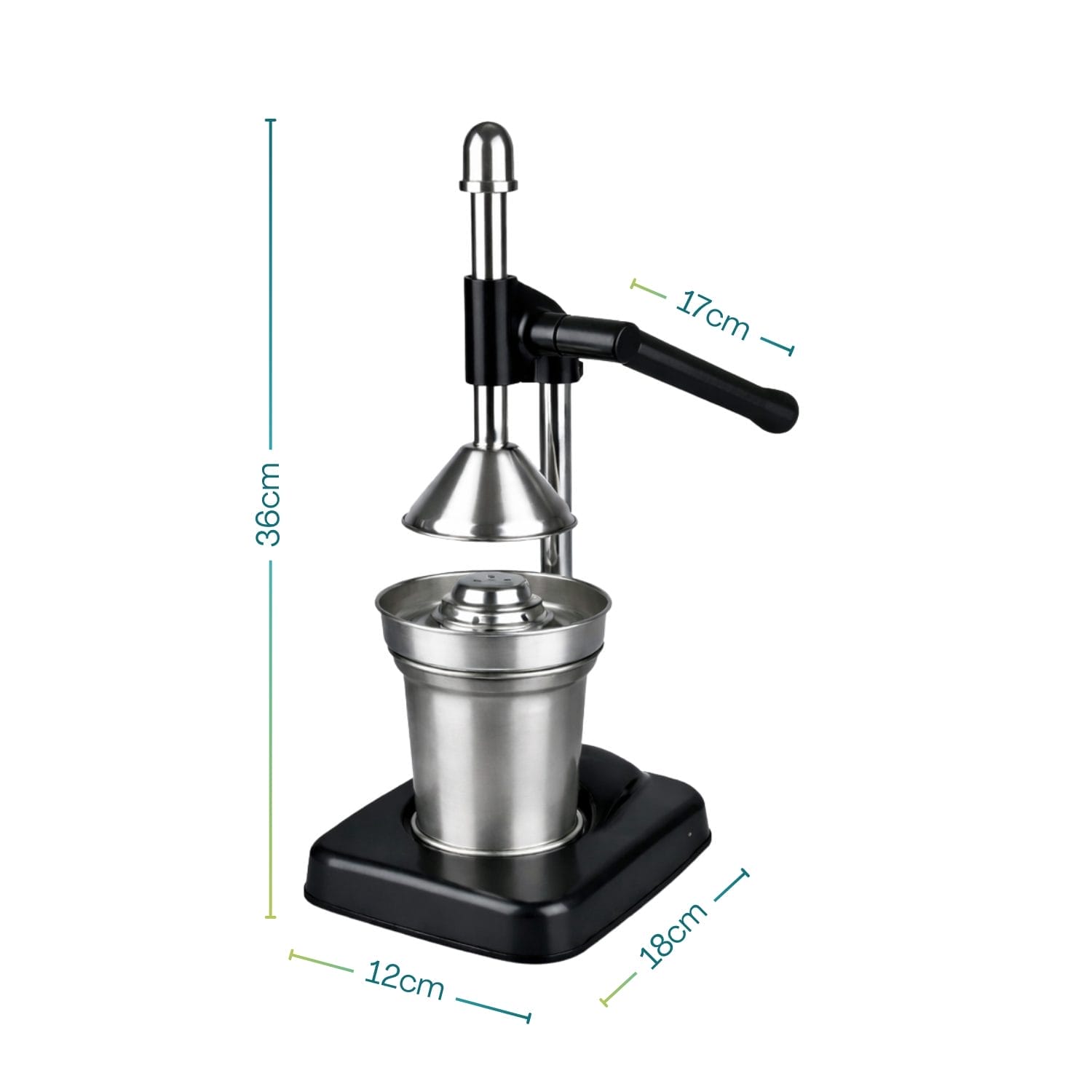 Spremiagrumi manuale nero con dimensioni 36x18x12 cm, leva lunga 17 cm per uso confortevole