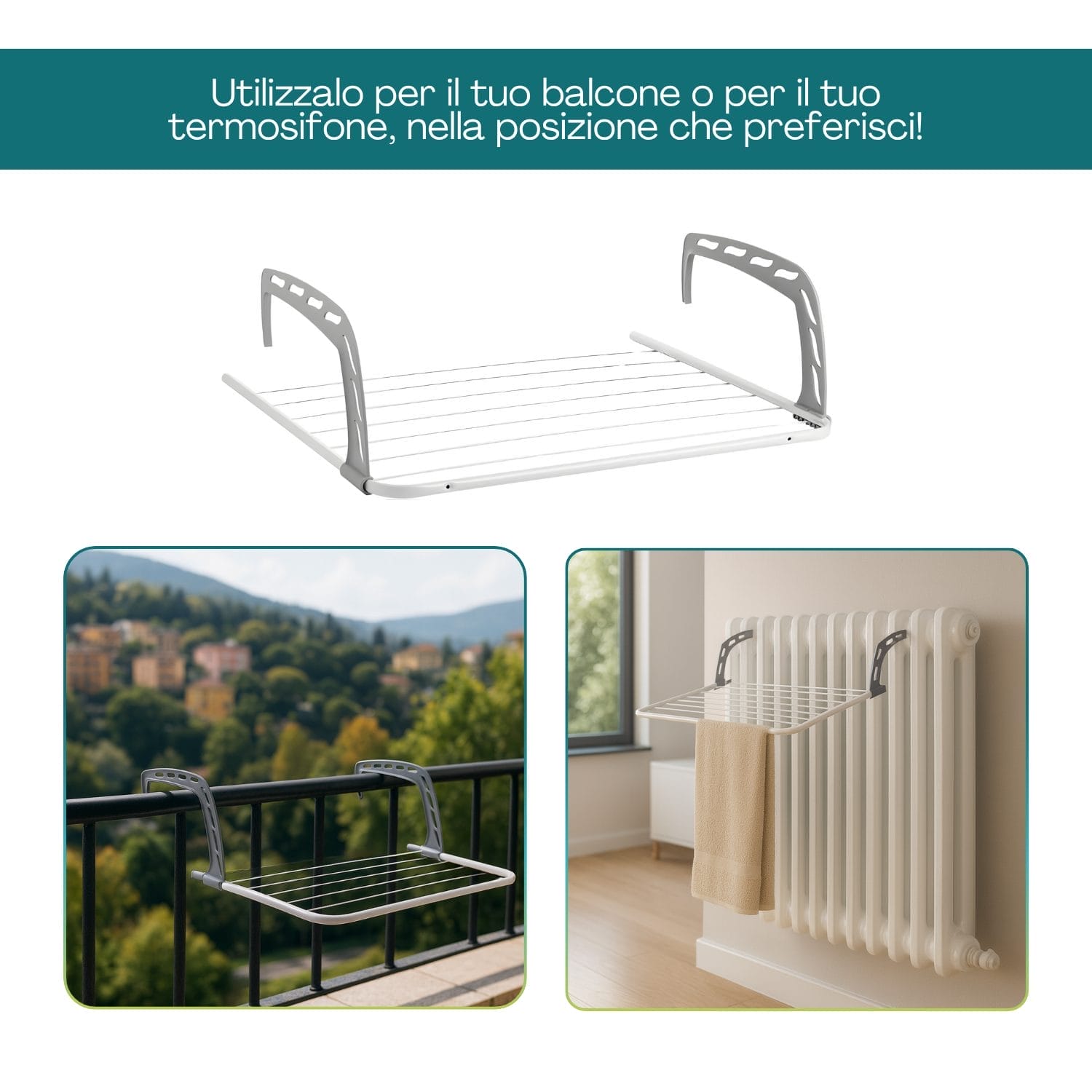 Stendibiancheria da balcone o termosifone regolabile con manici in plastica
