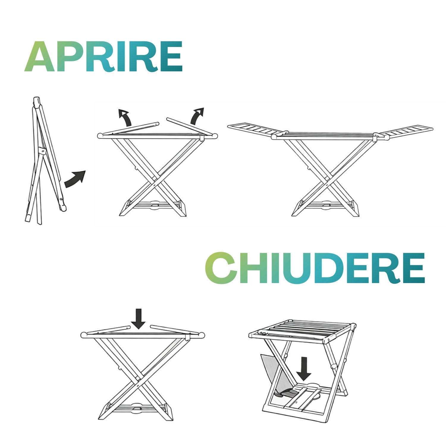 stendibiancheria, apertura e chiusura Sistema di apertura e chiusura stendibiancheria pieghevole con meccanismo compatto