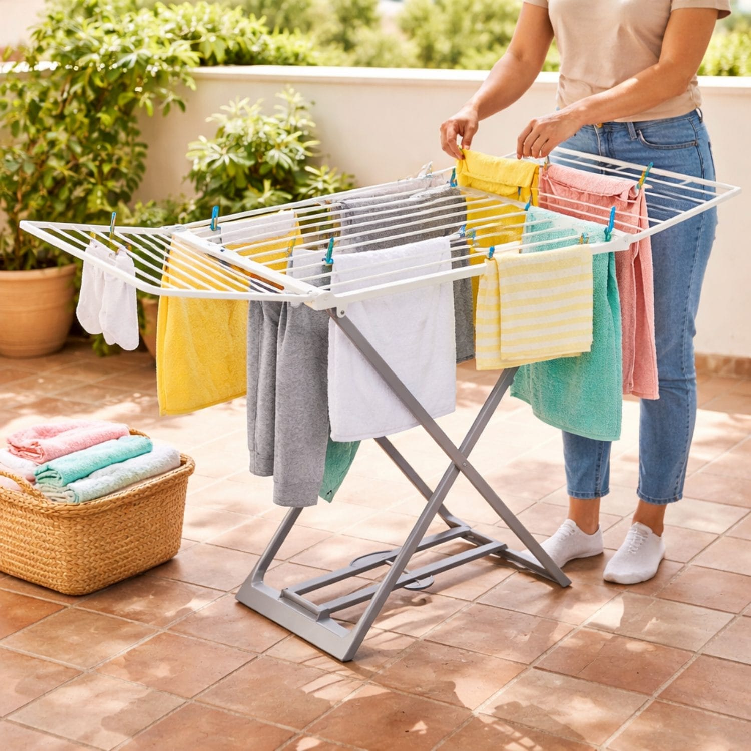 Stendibiancheria pieghevole da balcone con bucato steso all’aria aperta