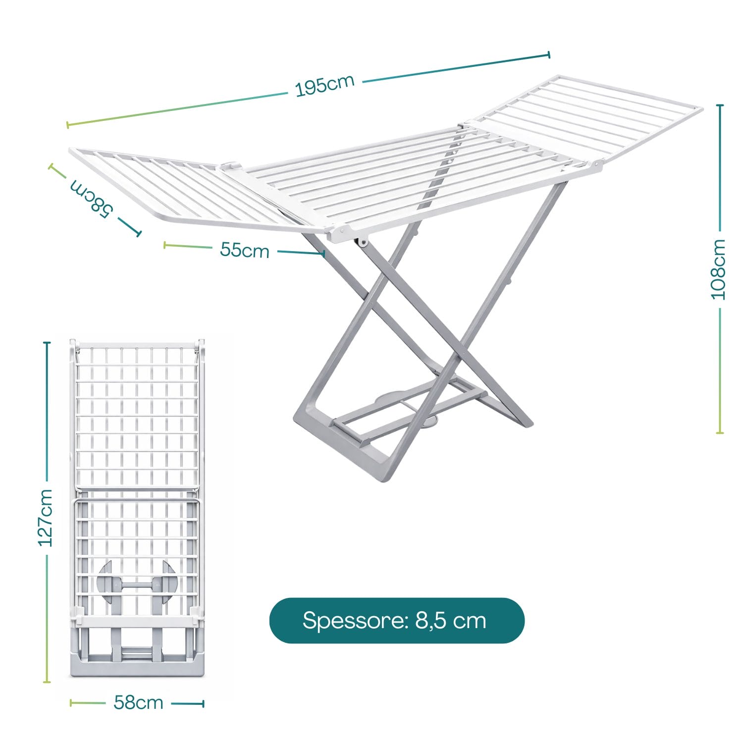 stendibiancheria, misure Stendibiancheria pieghevole con misure 195x58x108 cm e spessore 8,5 cm