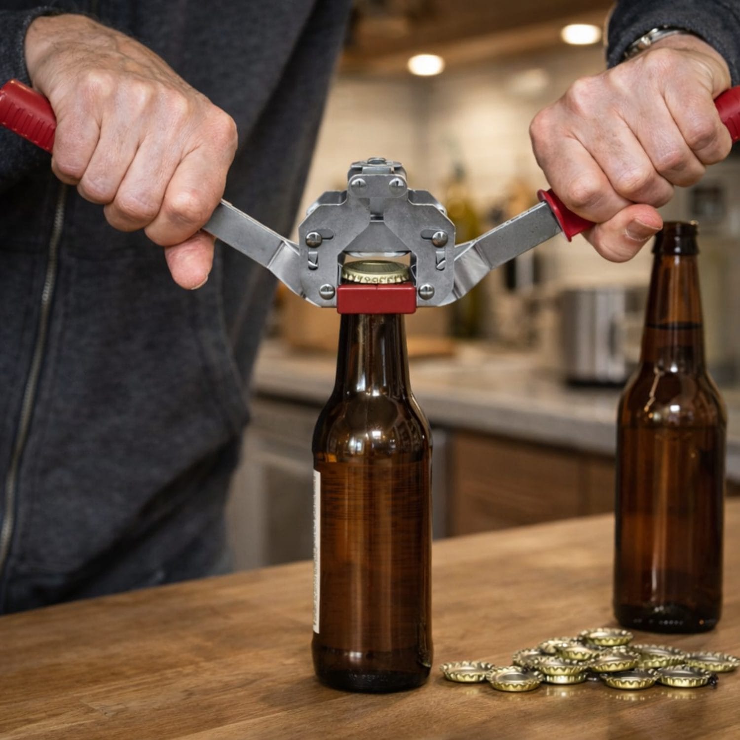 Tappatrice a 2 leve in uso su bottiglia di birra con tappo a corona