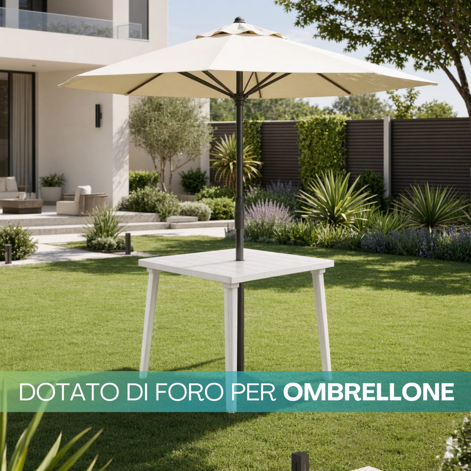 Tavolo giardino con foro per ombrellone bianco 80x80 cm in plastica resistente