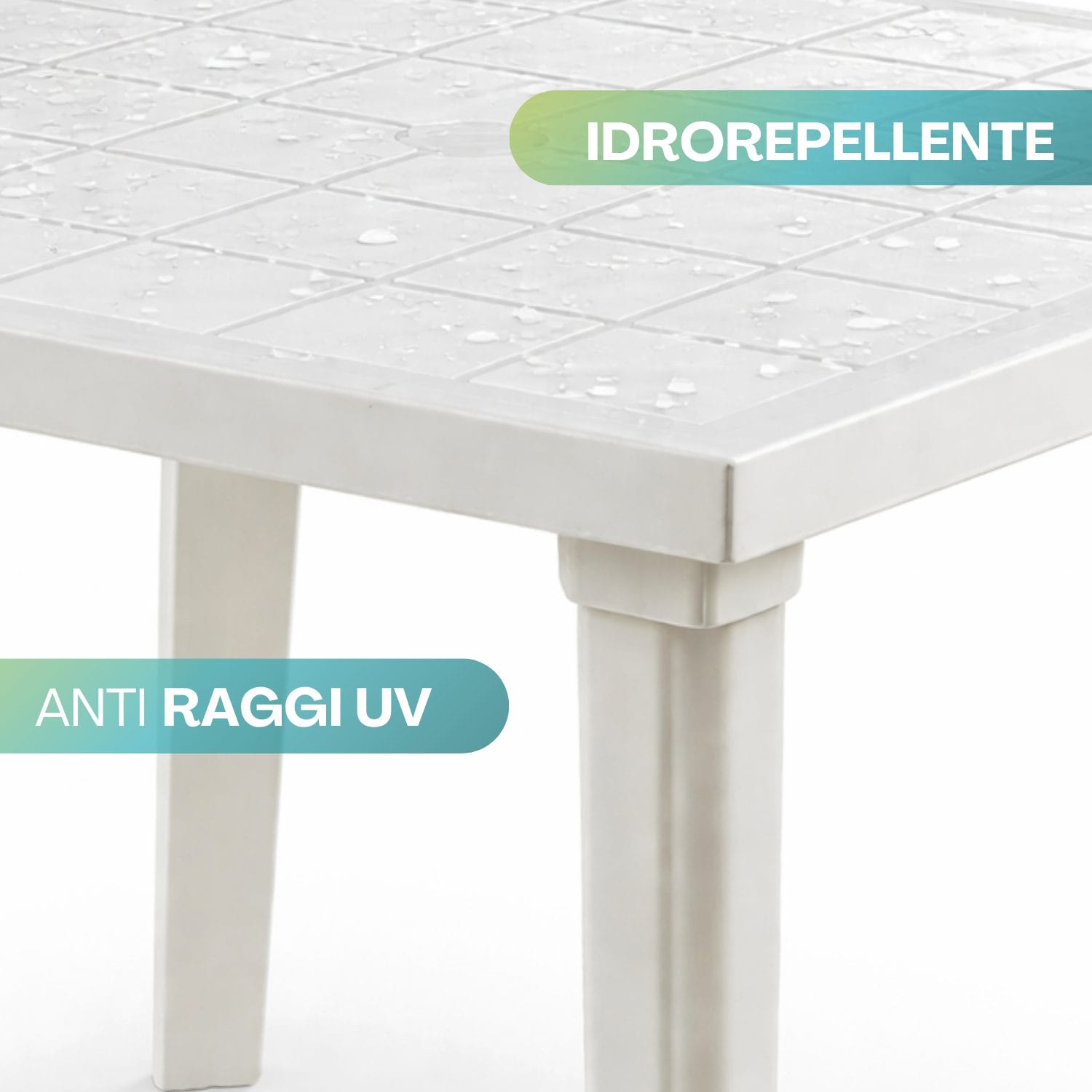 Tavolo da esterno in plastica bianco idrorepellente e resistente ai raggi UV
