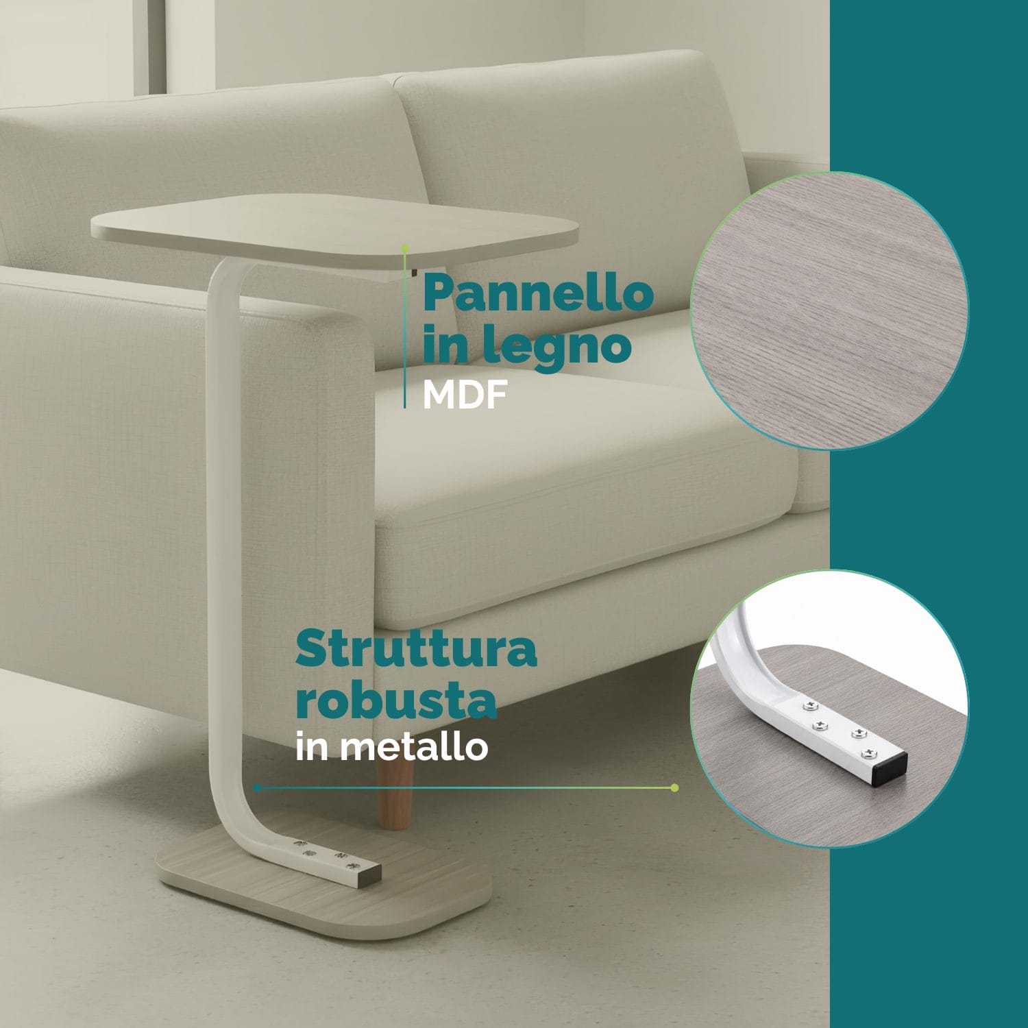 tavolino per divano materiale Tavolino a C con piano in legno MDF e struttura in metallo verniciato resistente