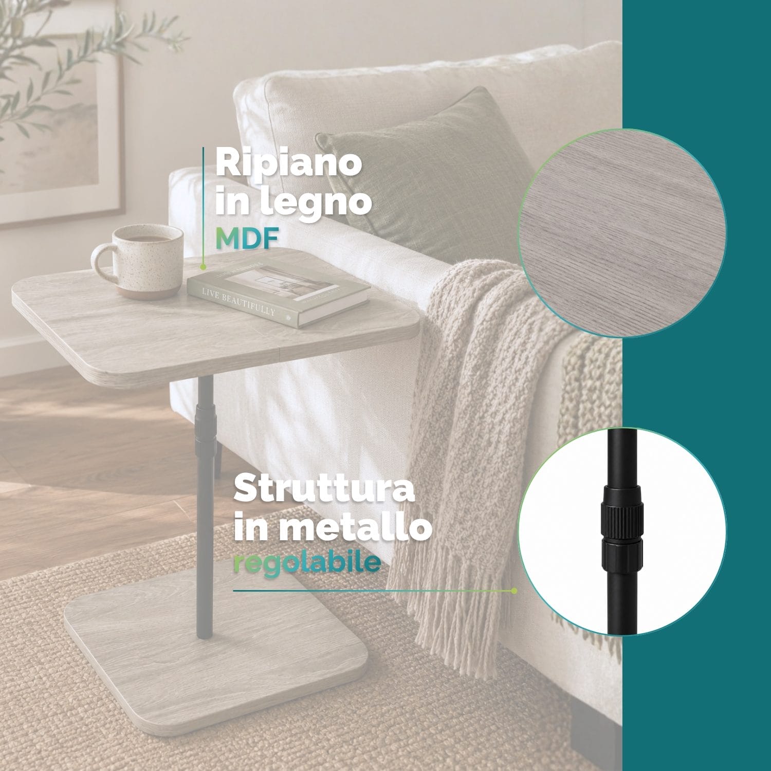 tavolino per divano materiale Tavolino regolabile con piano in legno MDF e struttura in metallo verniciato