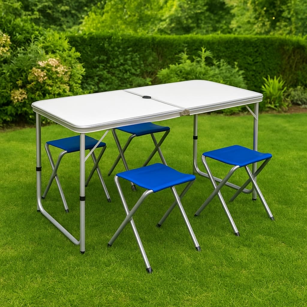 Tavolo da campeggio pieghevole con 4 sgabelli blu, ideale per esterno