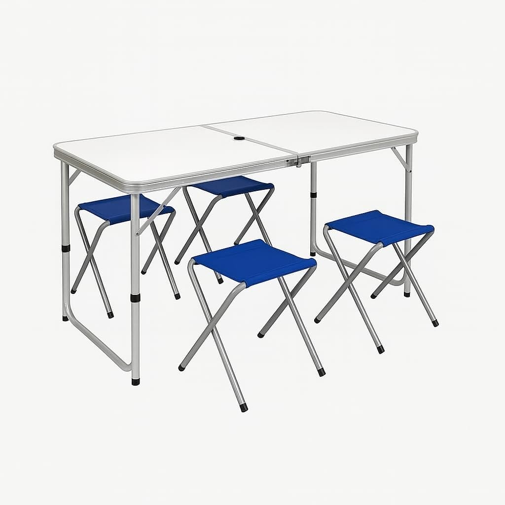 Set tavolo da campeggio pieghevole con 4 sgabelli salvaspazio