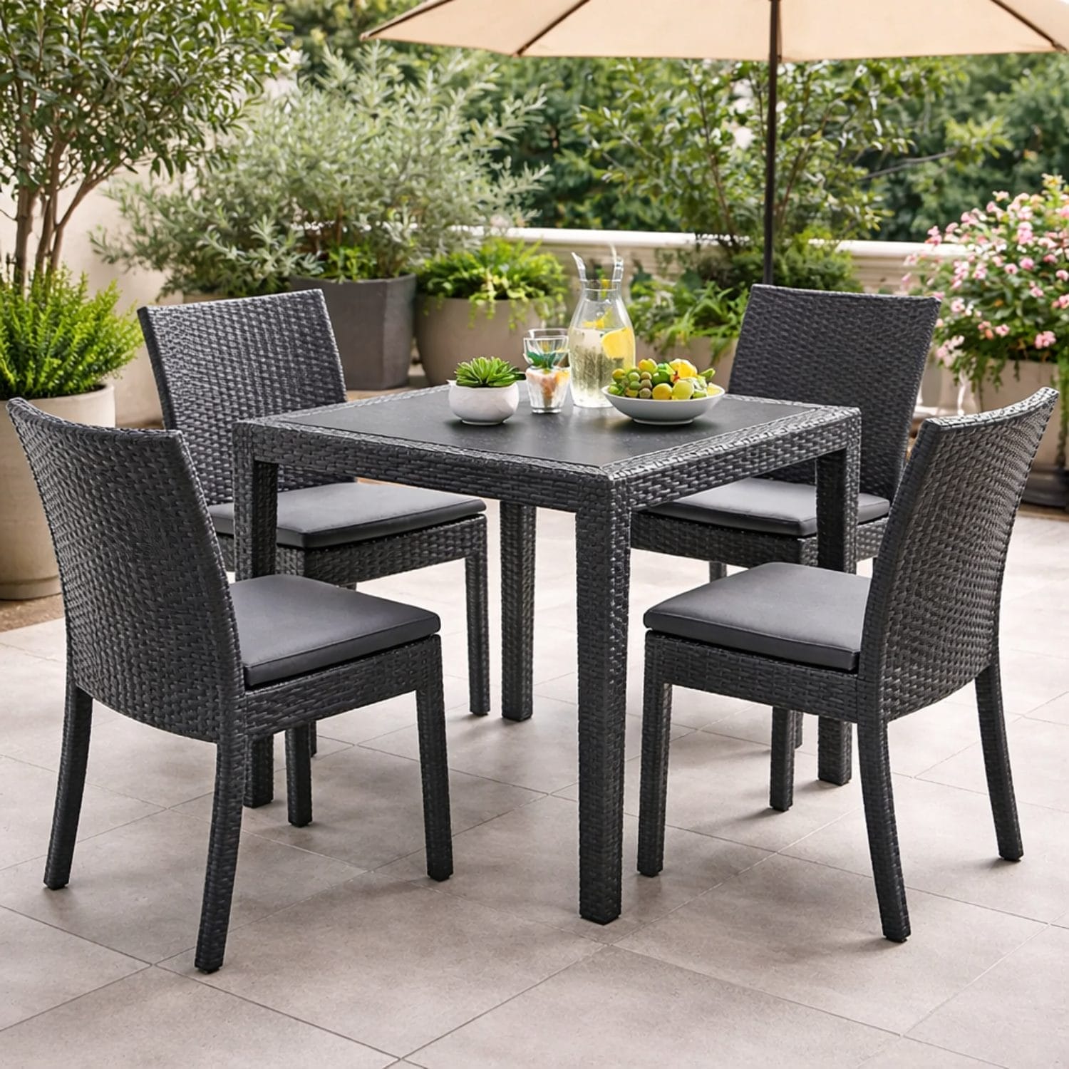 Tavolo quadrato da giardino con 4 sedie in plastica antracite per terrazzo balcone e patio