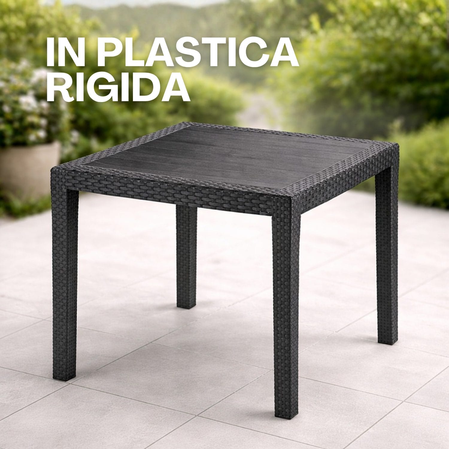 Tavolo in plastica rigida da esterno effetto rattan resistente per giardino e balcone
