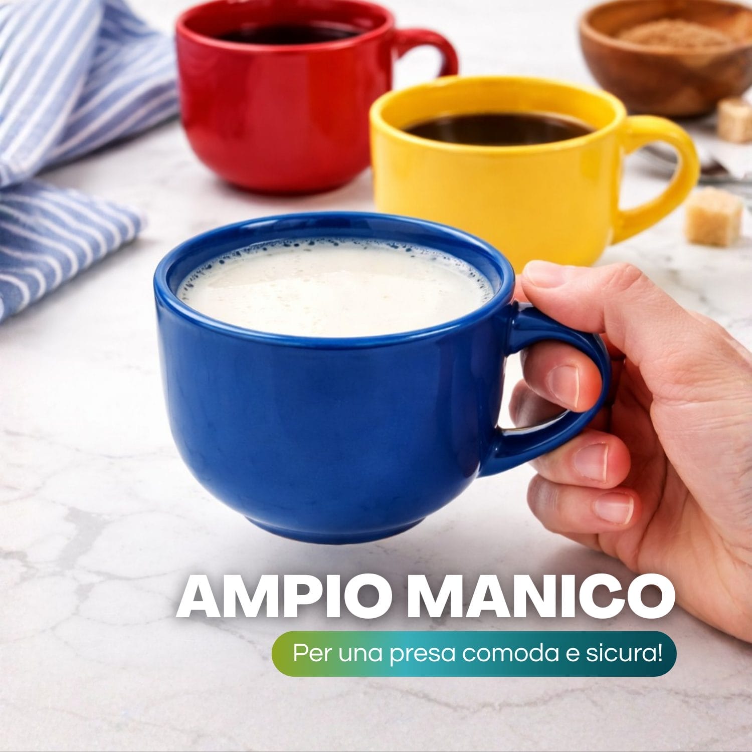 Tazza colorata 450 ml con ampio manico presa comoda e sicura