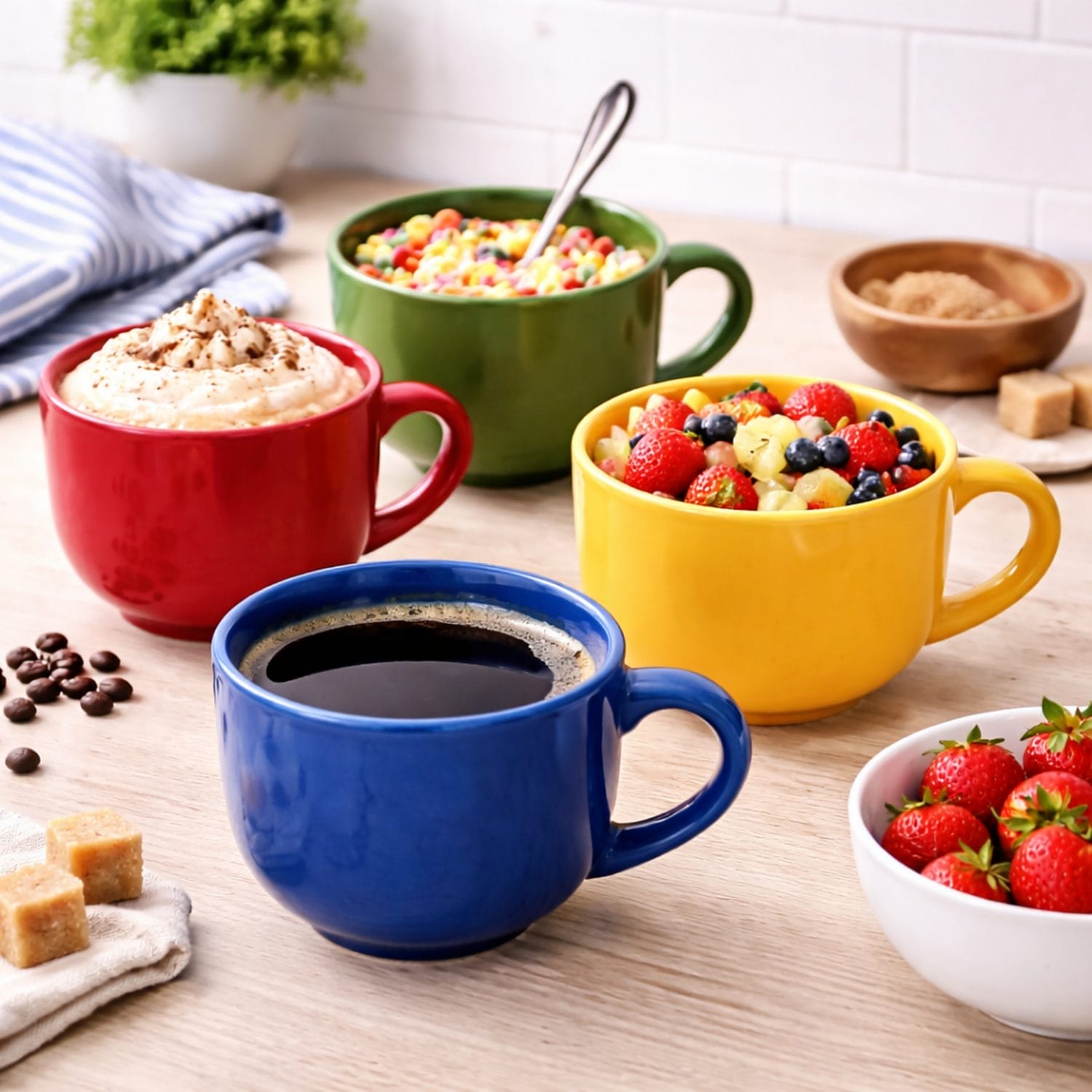 Set tazze colorate 450 ml con bevande e cereali ideale per colazione