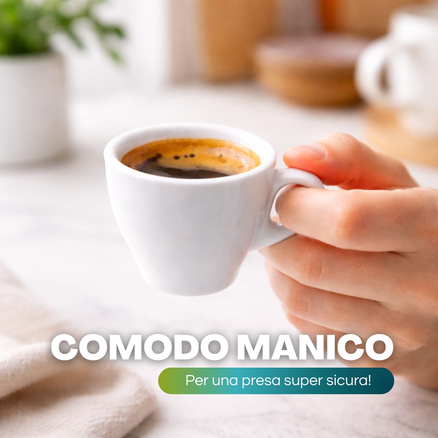 Tazzina caffè bianca 80 ml con manico comodo presa sicura