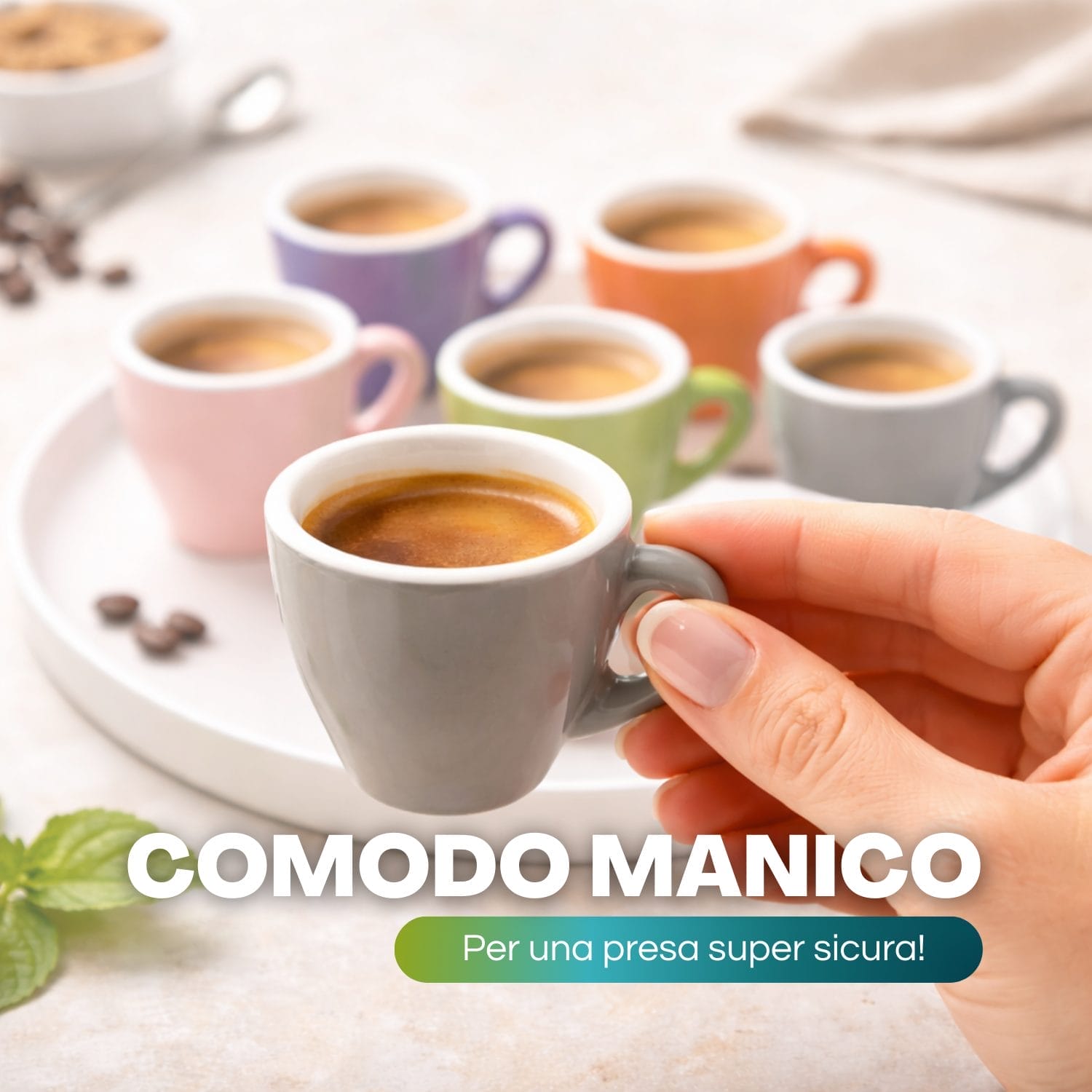 Tazzina caffè colorata 80 ml con manico comodo presa sicura