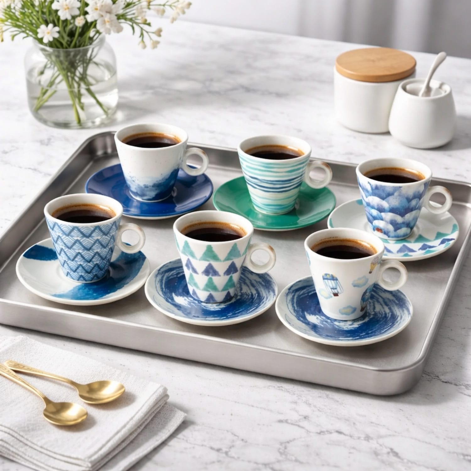 Set tazzine caffè colorate con piattino 80 ml servite su vassoio