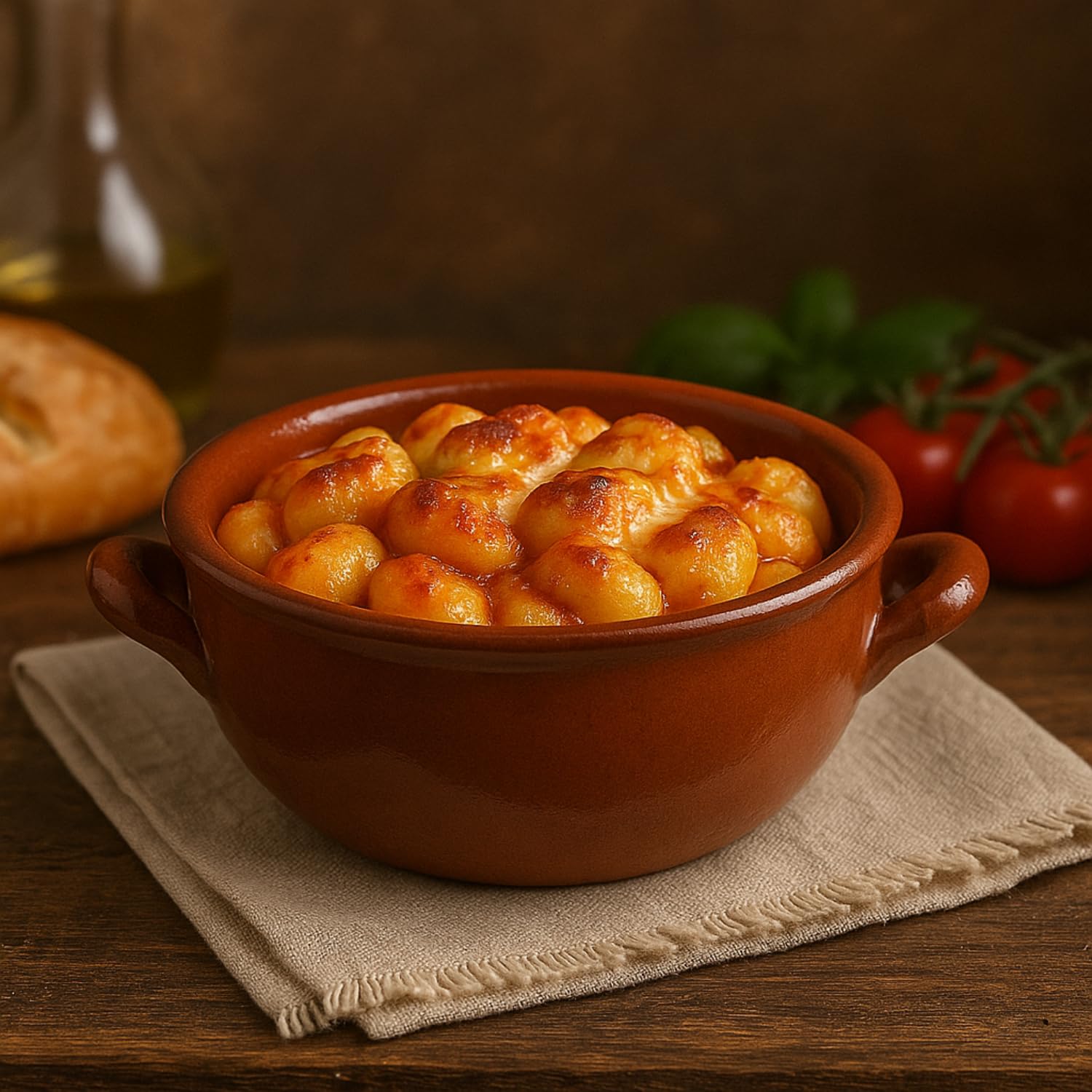 Tegamino in coccio con gnocchi al forno, cottura tradizionale italiana